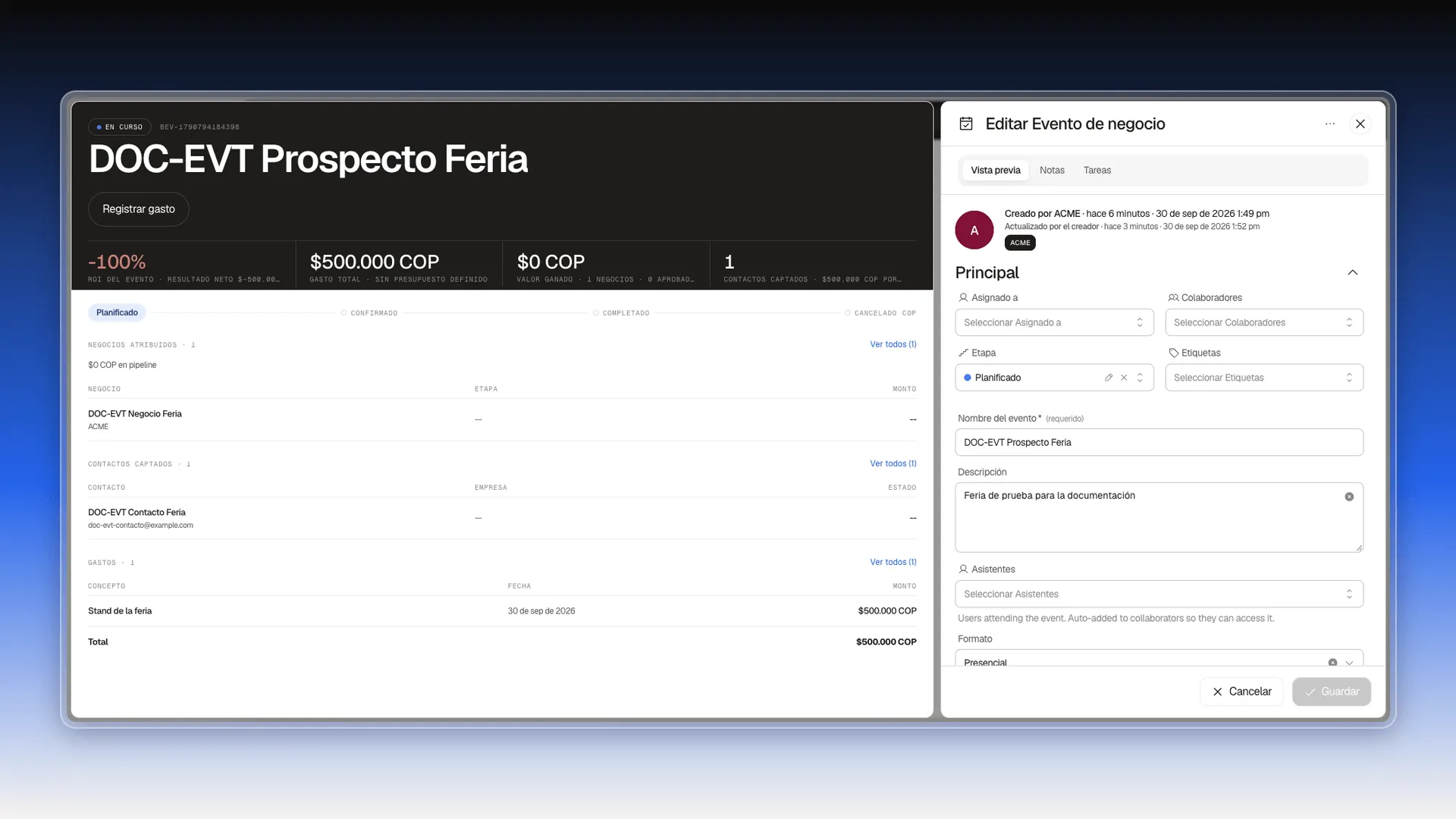 Ficha del evento con un negocio atribuido, un contacto captado y un gasto, con los indicadores de ROI, gasto total, valor ganado y contactos captados