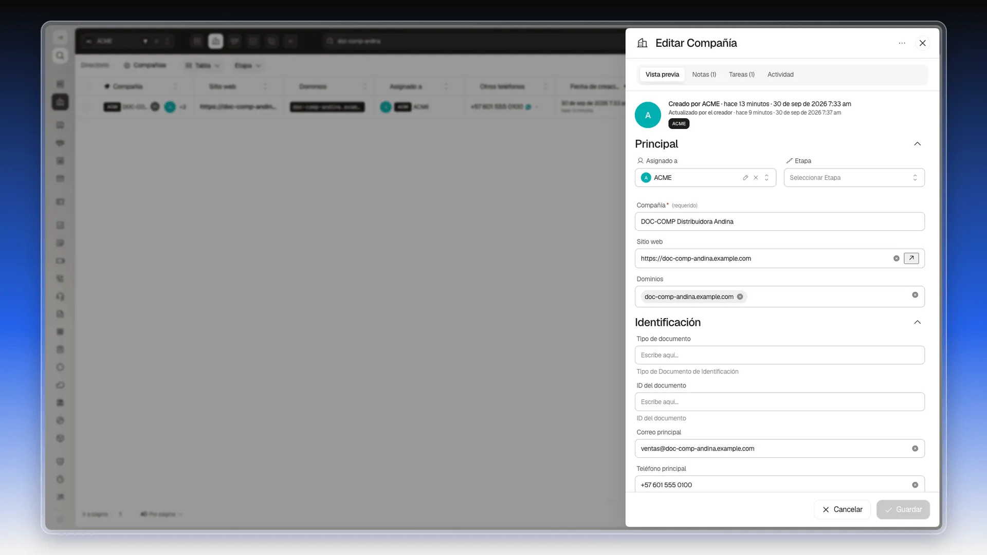 Panel Editar Compañía abierto con las pestañas Vista previa, Notas, Tareas y Actividad, y los campos de la sección Principal