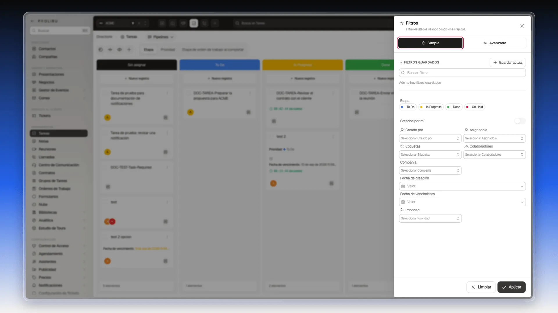 Panel de Filtros del módulo de Tareas