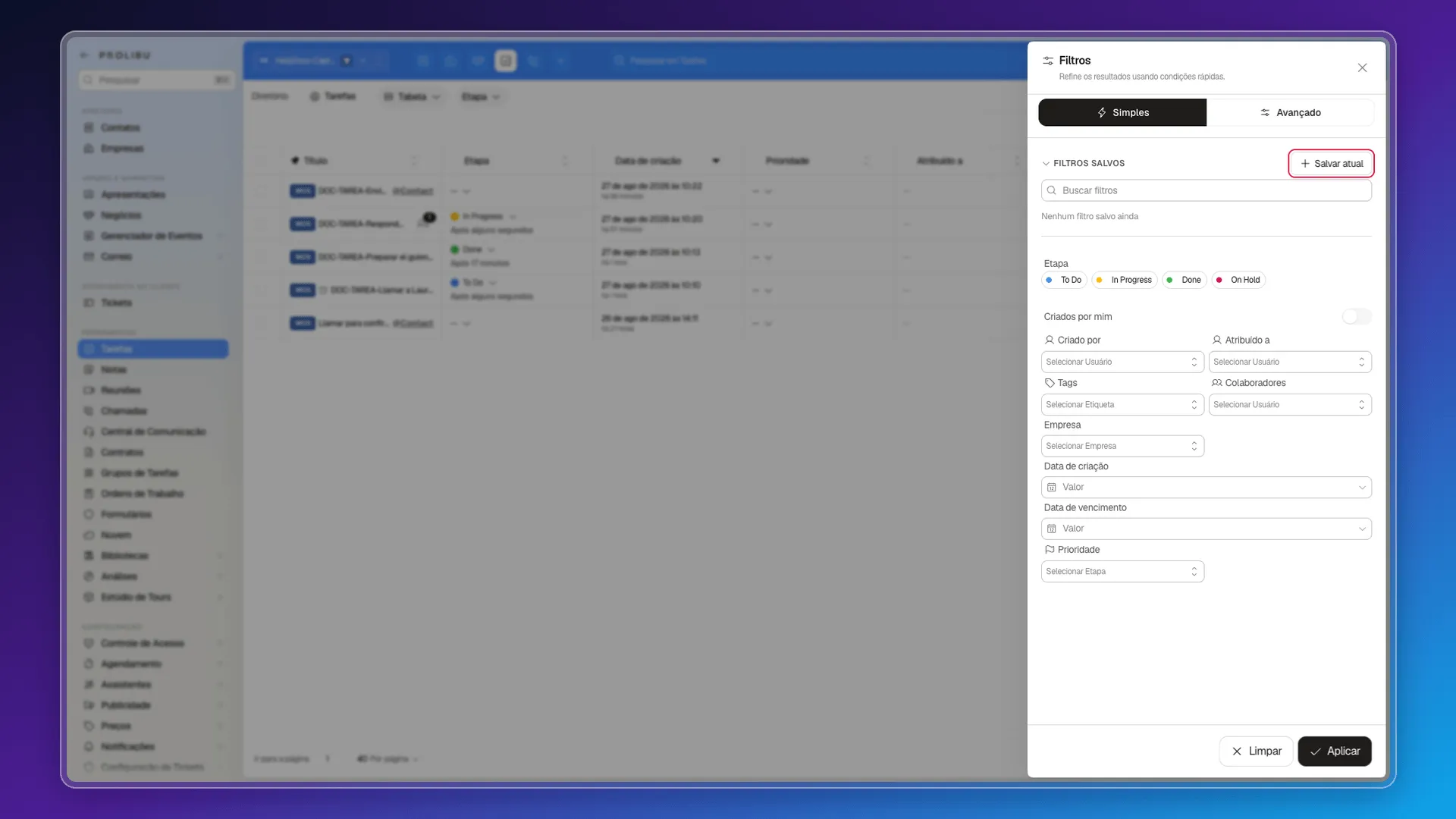Painel de Filtros do módulo de Tarefas