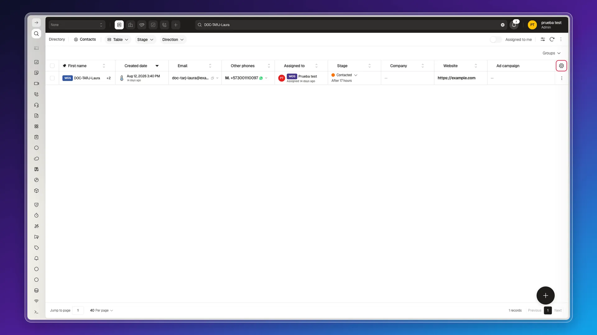 Contacts table headers with the cog icon highlighted at the far right