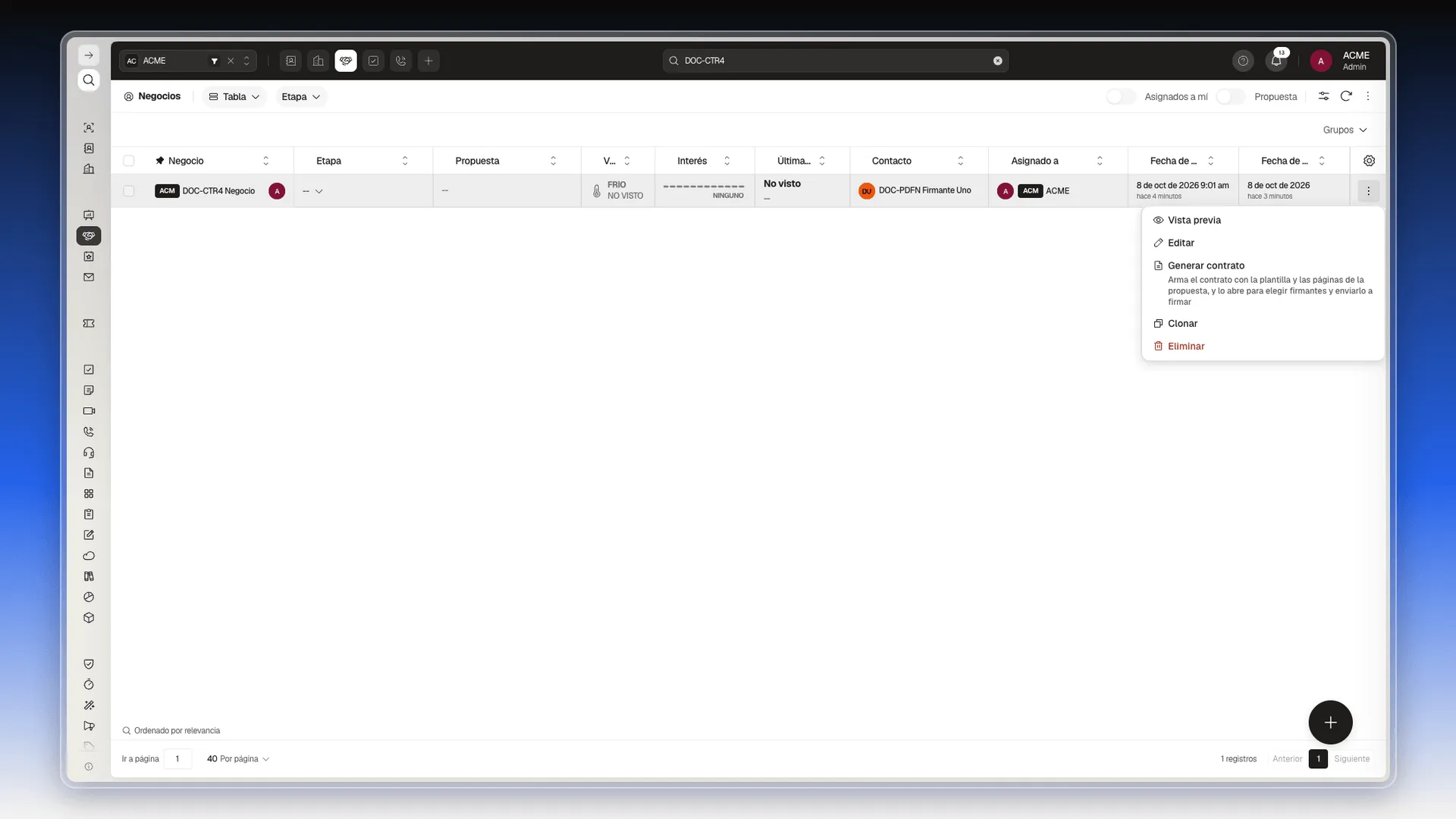 Menú de la fila de un negocio con Vista previa, Editar, Generar contrato, Clonar y Eliminar