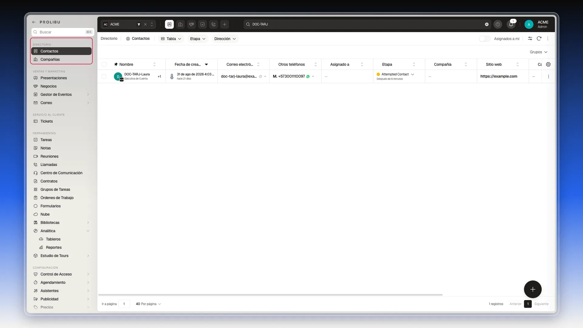 Menú lateral con el grupo Directorio resaltado, que contiene Contactos y Compañías, y debajo los grupos Ventas y marketing, Servicio al cliente y Herramientas