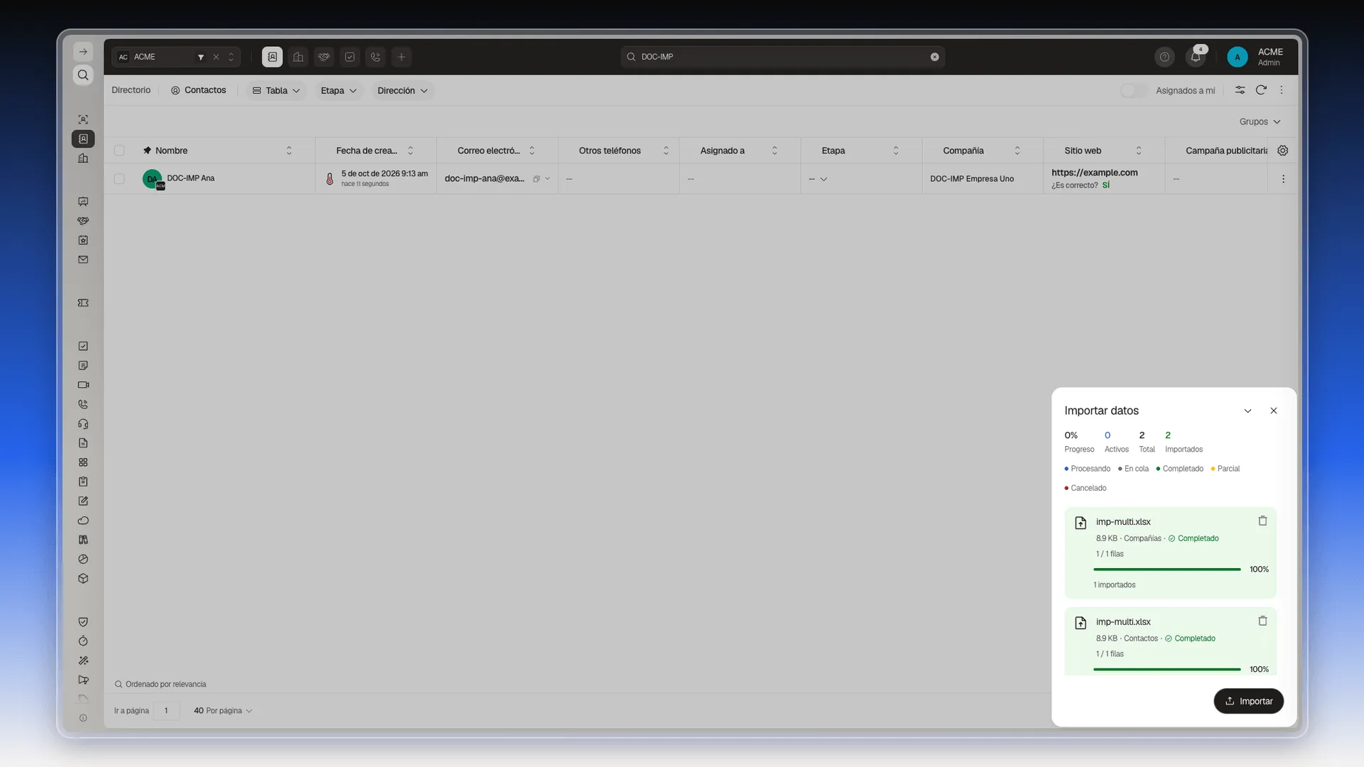 Panel Importar datos mostrando 2 Total y 2 Importados, con las filas Compañías y Contactos ambas en Completado