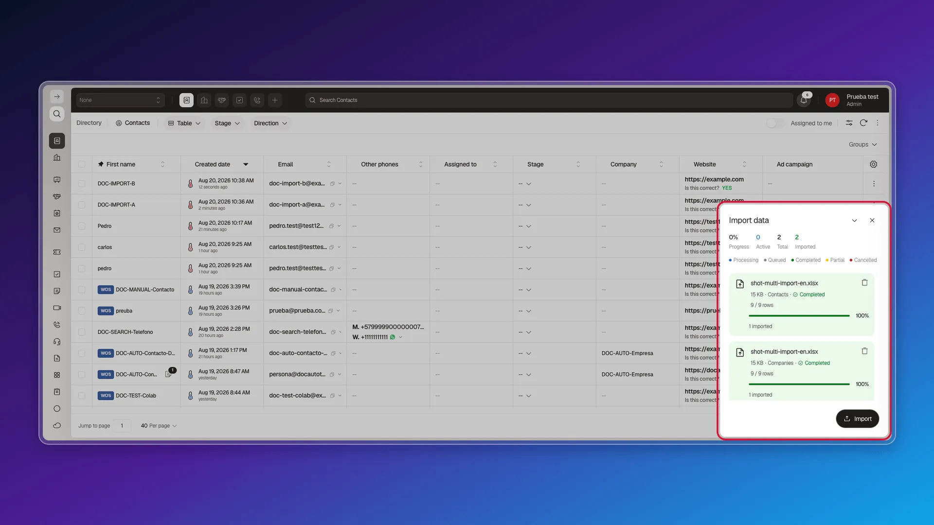 Import data panel showing 2 Total and 2 Imported, with both the Contacts and Companies rows marked Completed