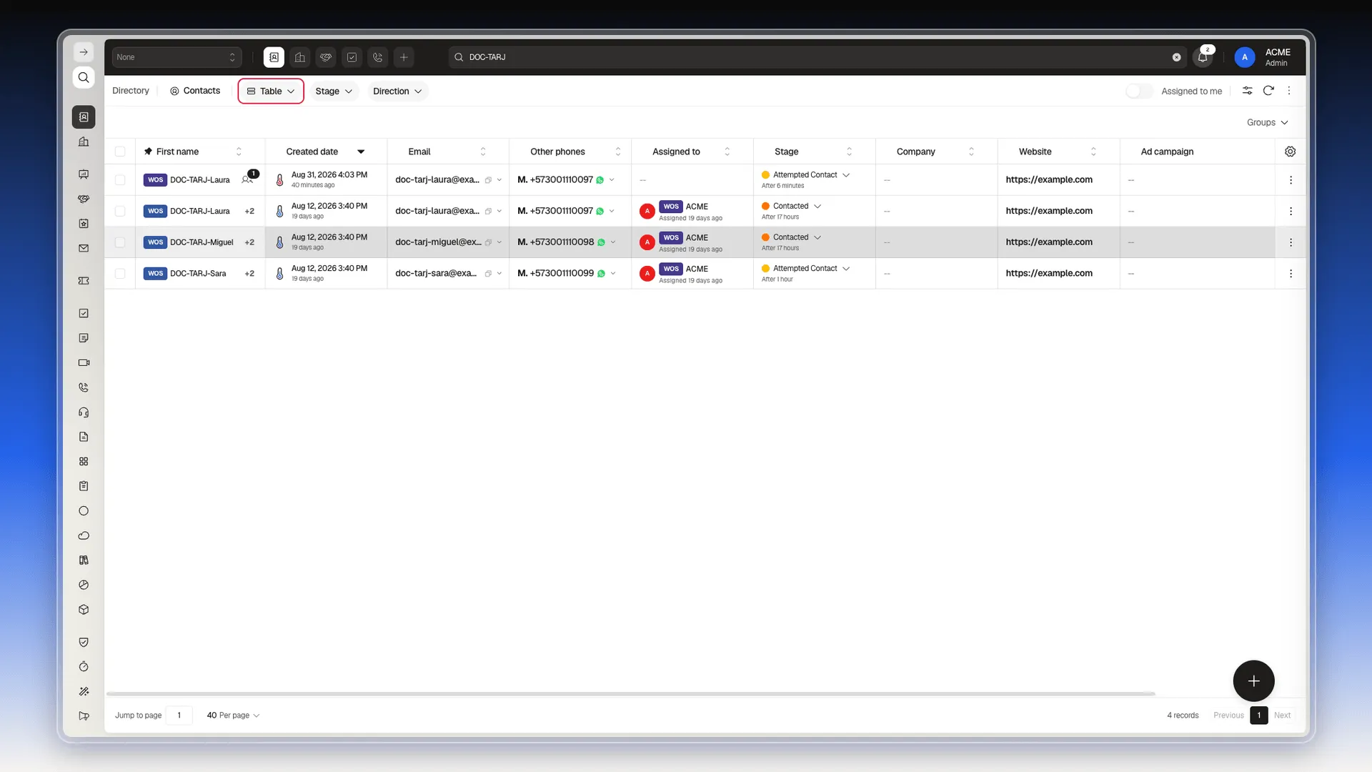 Contacts index page with the breadcrumb, filter bar, table, and pagination