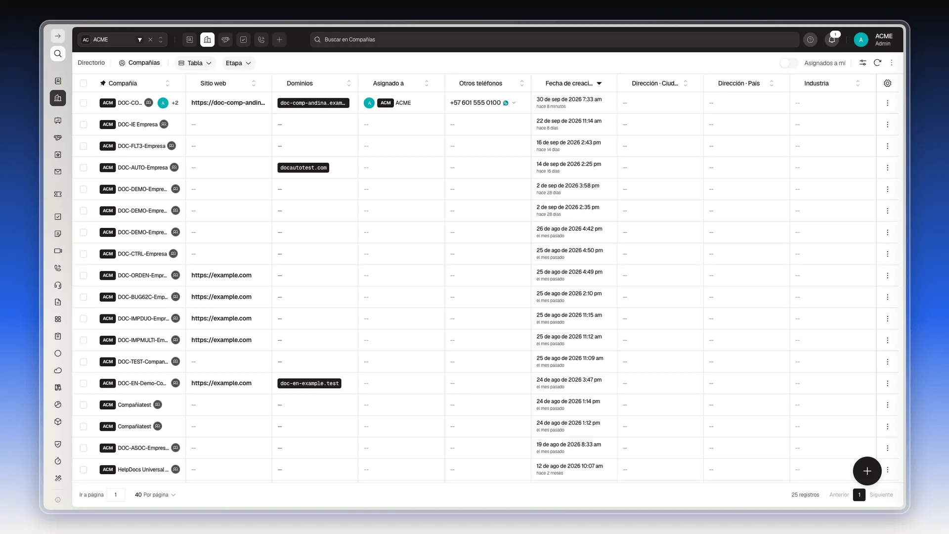 Lista de Compañías con las columnas Compañía, Sitio web, Dominios, Asignado a, Otros teléfonos, Fecha de creación, Dirección, País e Industria
