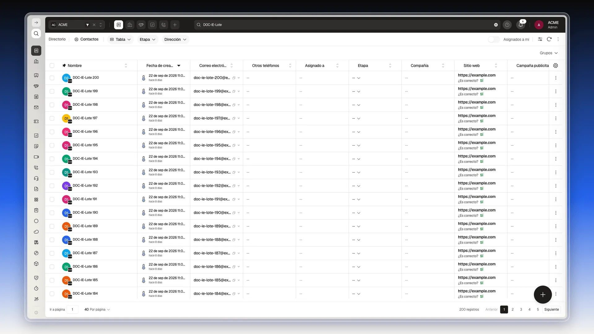 Lista de Contactos con las columnas Nombre, Fecha de creación, Correo electrónico, Otros teléfonos, Asignado a, Etapa, Compañía y Sitio web