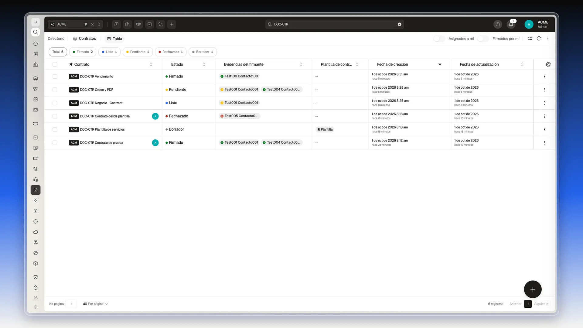 Lista de contratos con DOC-CTR escrito en Buscar en Contratos, los botones de estado arriba y las columnas principales