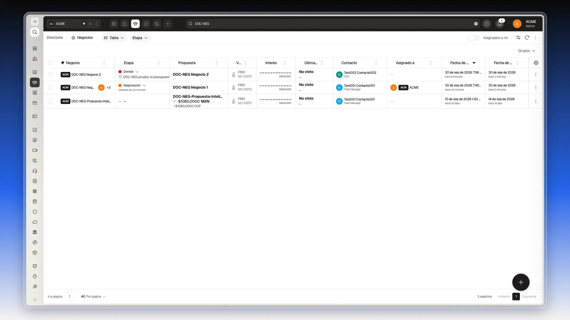 Lista de Negocios en vista Tabla con las columnas Negocio, Etapa, Propuesta, Vistas, Interés, Contacto y fechas