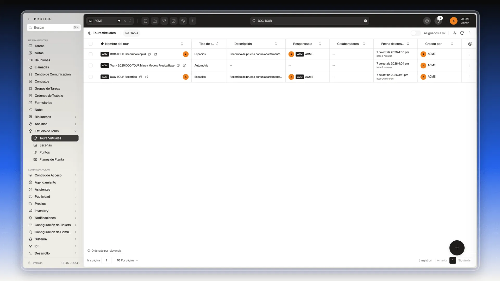 Lista de Tours virtuales con tres tours DOC-TOUR y el menú lateral con Estudio de Tours desplegado
