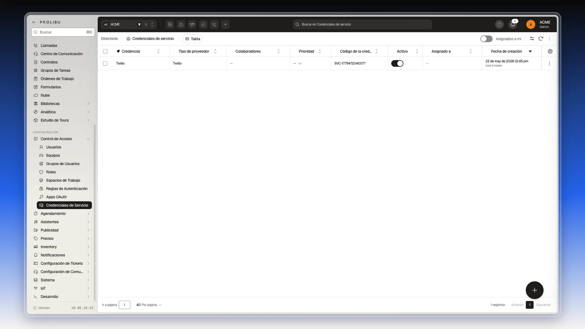 Lista de Credenciales de servicio con el menú Control de Acceso desplegado