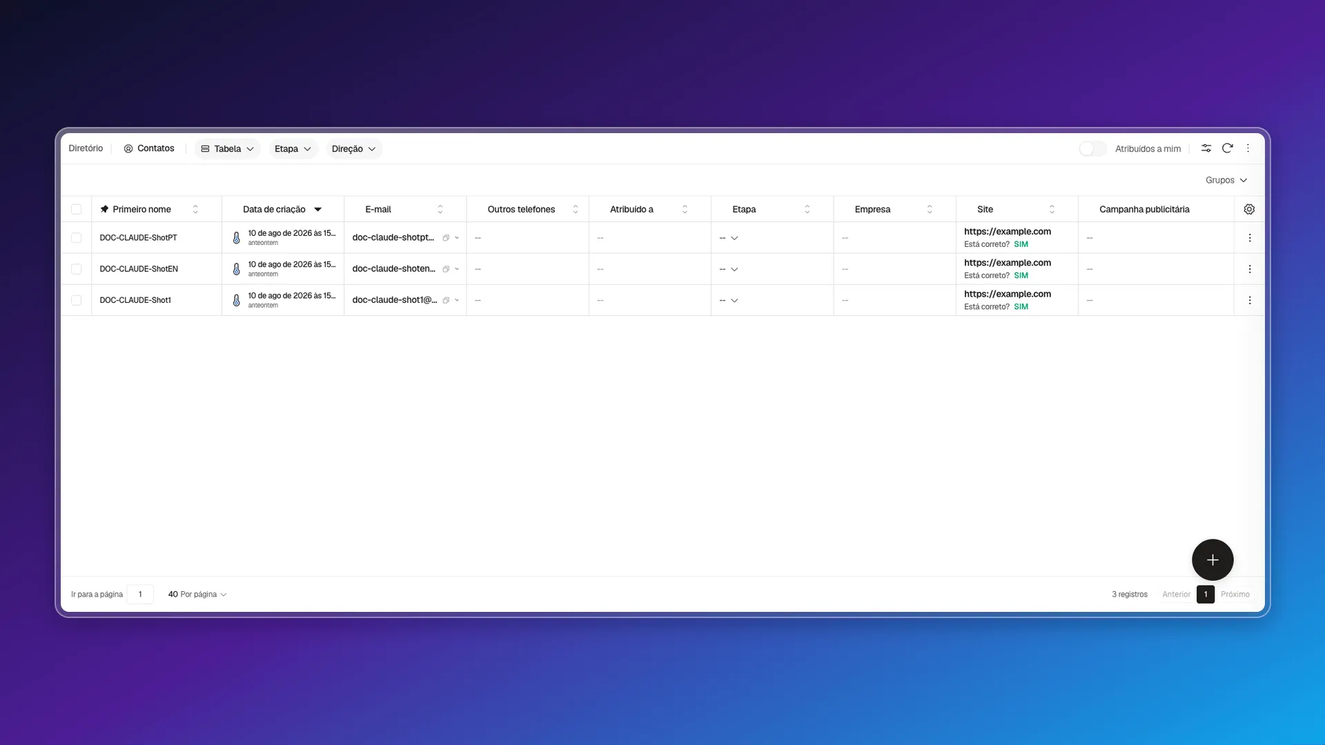 Lista de contatos com colunas, filtros rápidos e busca