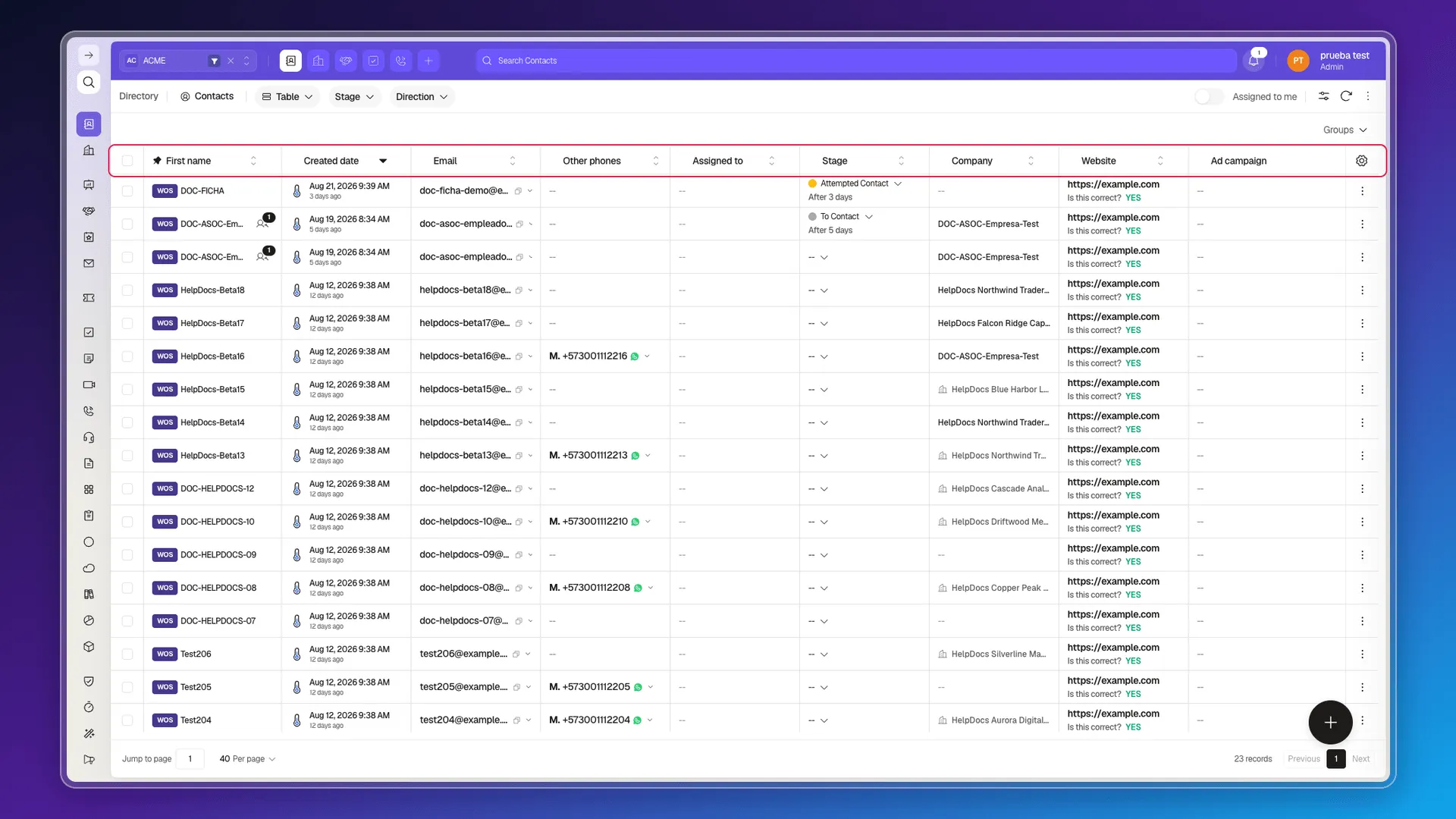 Contacts list with columns, quick filters, and search