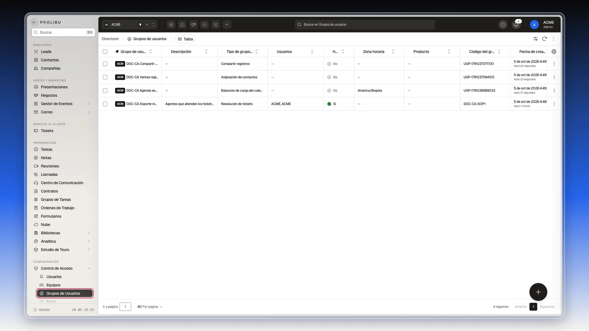 Lista de Grupos de usuarios con el menú Control de Acceso desplegado y la opción Grupos de Usuarios resaltada