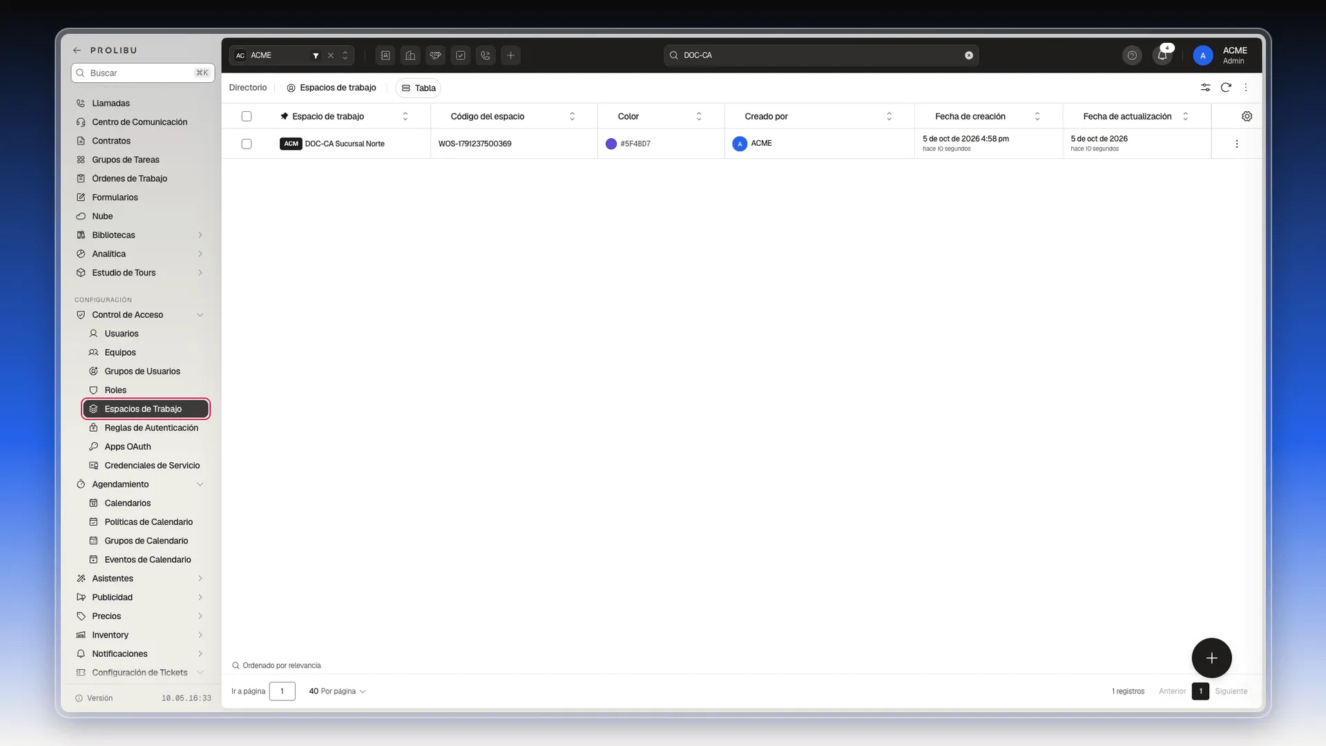 Lista de Espacios de trabajo filtrada por DOC-CA, con el menú Control de Acceso desplegado y la opción Espacios de Trabajo resaltada