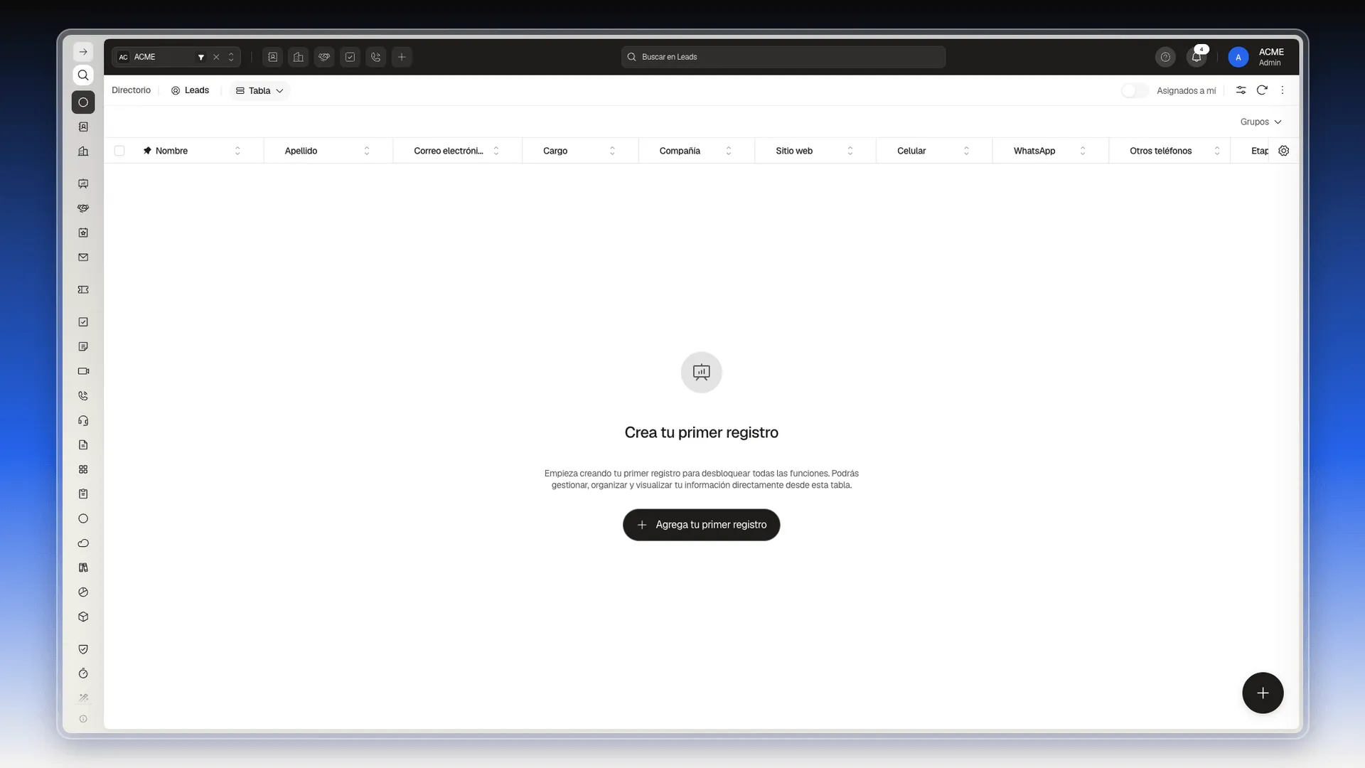 Tabla de Leads vacía con el mensaje Crea tu primer registro y el botón Agrega tu primer registro