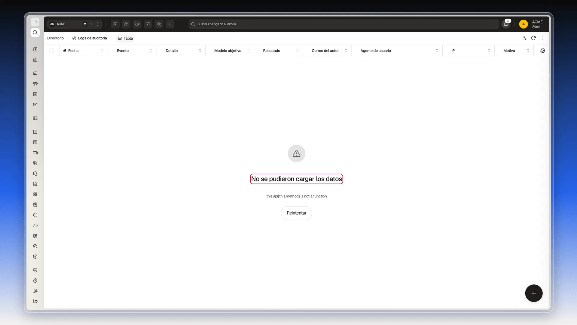 Módulo Logs de auditoría con sus nueve columnas y el aviso No se pudieron cargar los datos