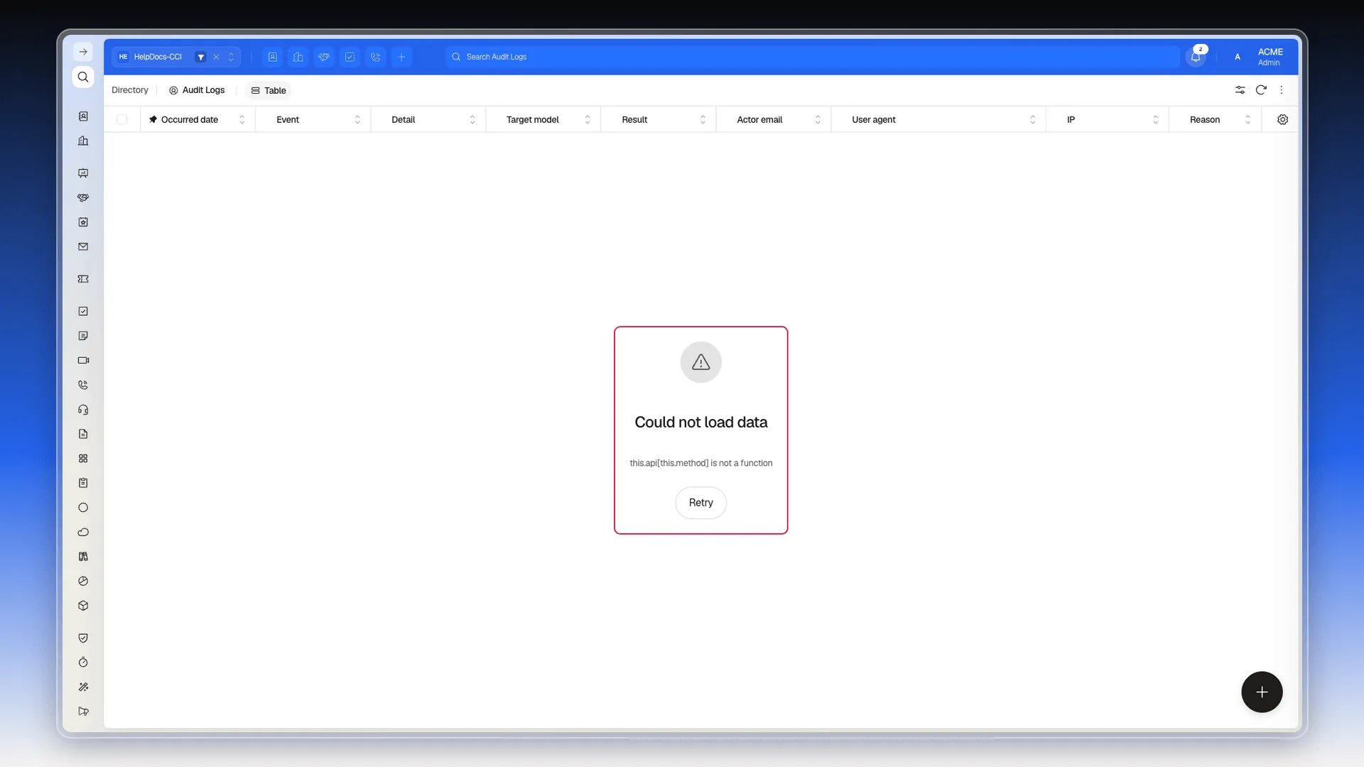 Audit logs module with the nine header columns and the Data could not be loaded error