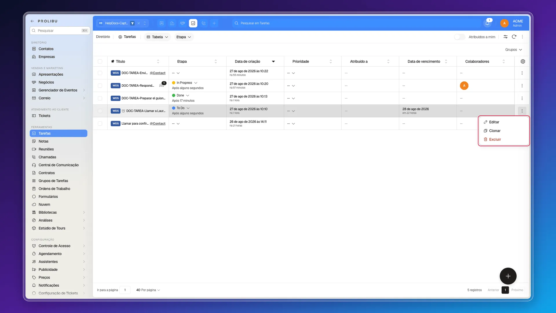 Menu Ações de uma tarefa com Editar, Clonar e Excluir