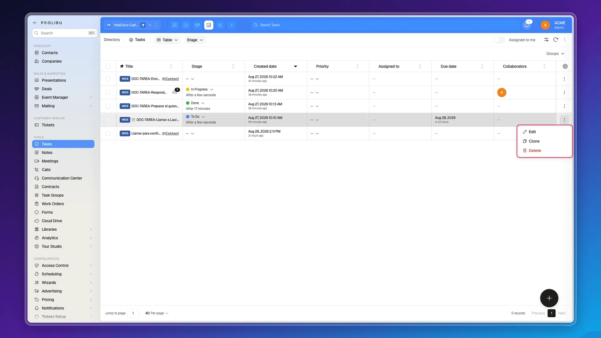A task's Actions menu with Edit, Clone, and Delete