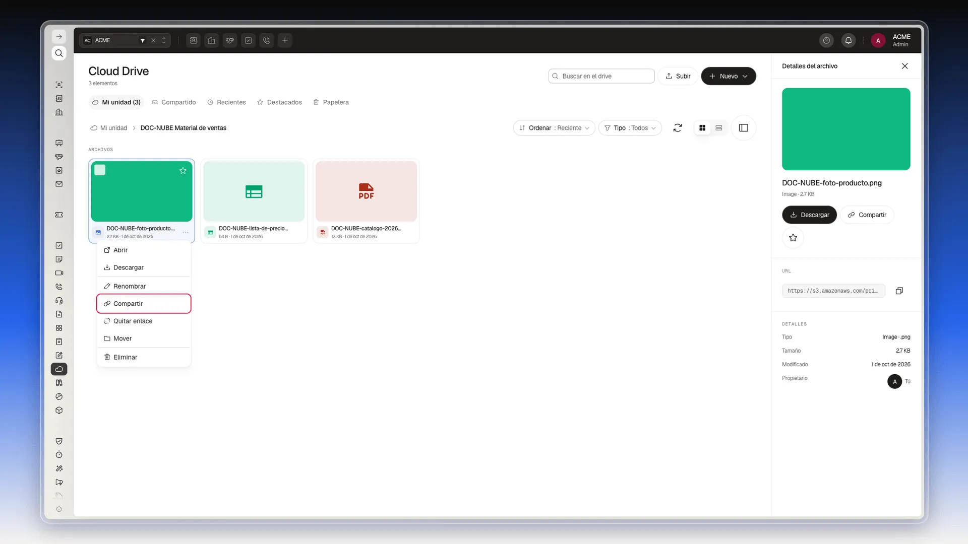 Menú ··· de un archivo con la opción Compartir resaltada y el panel Detalles del archivo a la derecha