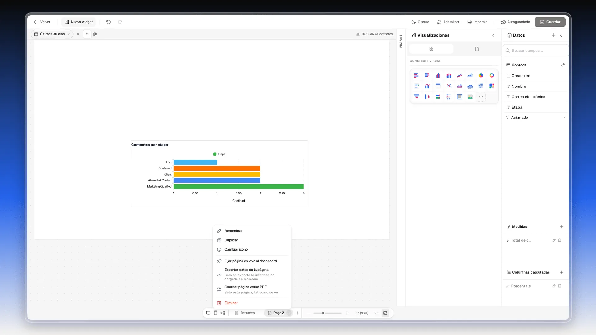 Menú de una página con Renombrar, Duplicar, Cambiar ícono, Fijar página en vivo al dashboard, Exportar datos de la página, Guardar página como PDF y Eliminar