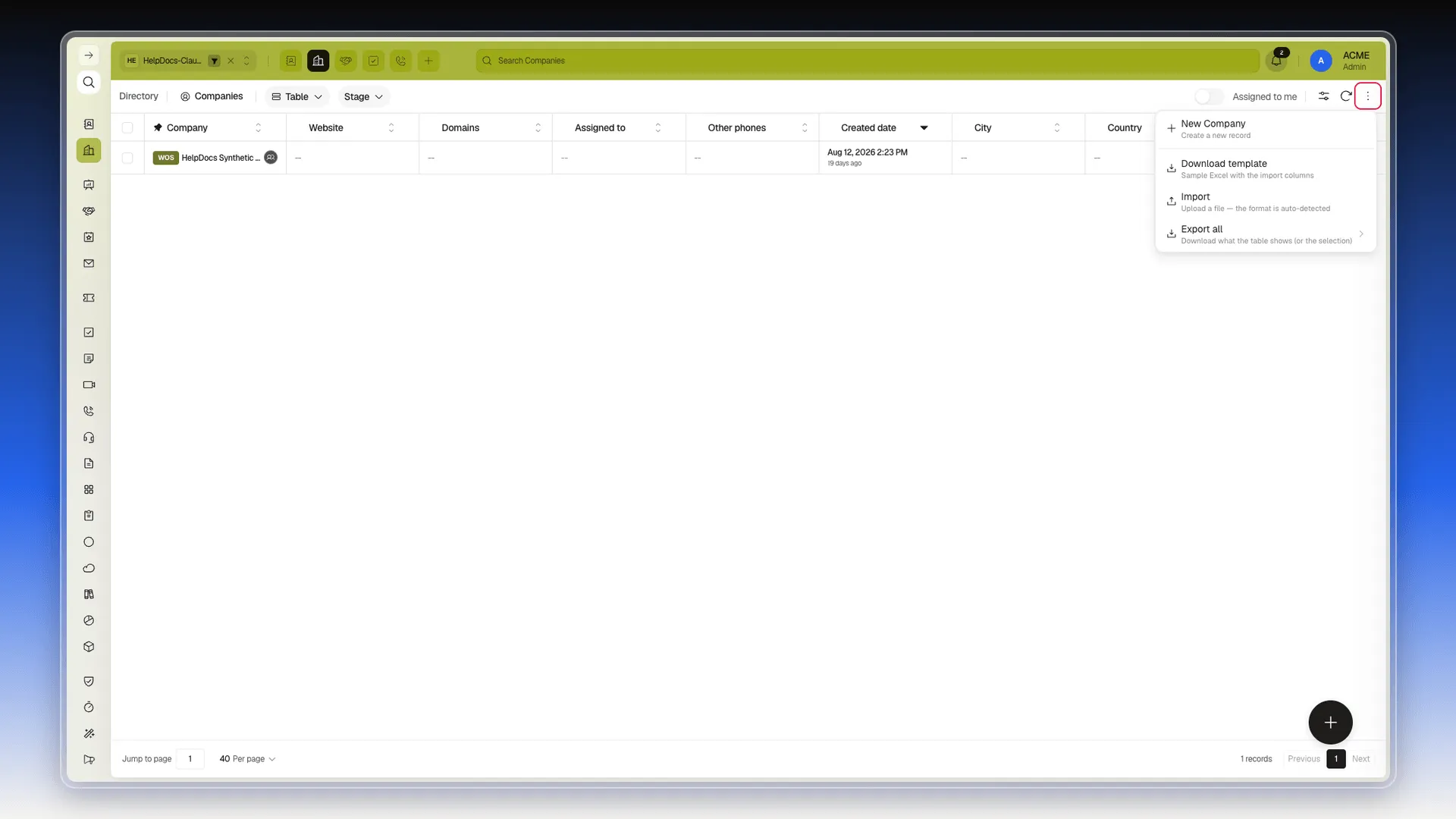 More actions menu open in Companies