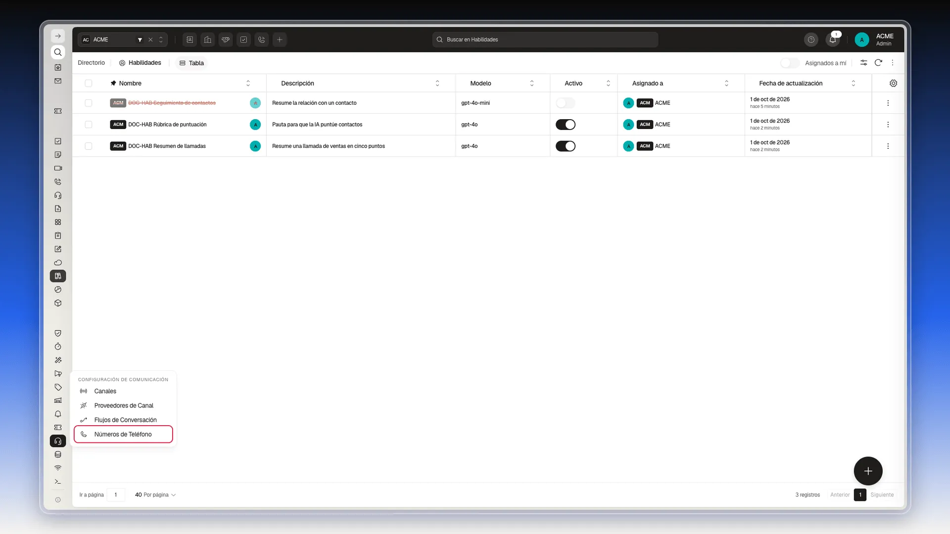 Menú Configuración de Comunicación desplegado con la opción Números de Teléfono resaltada