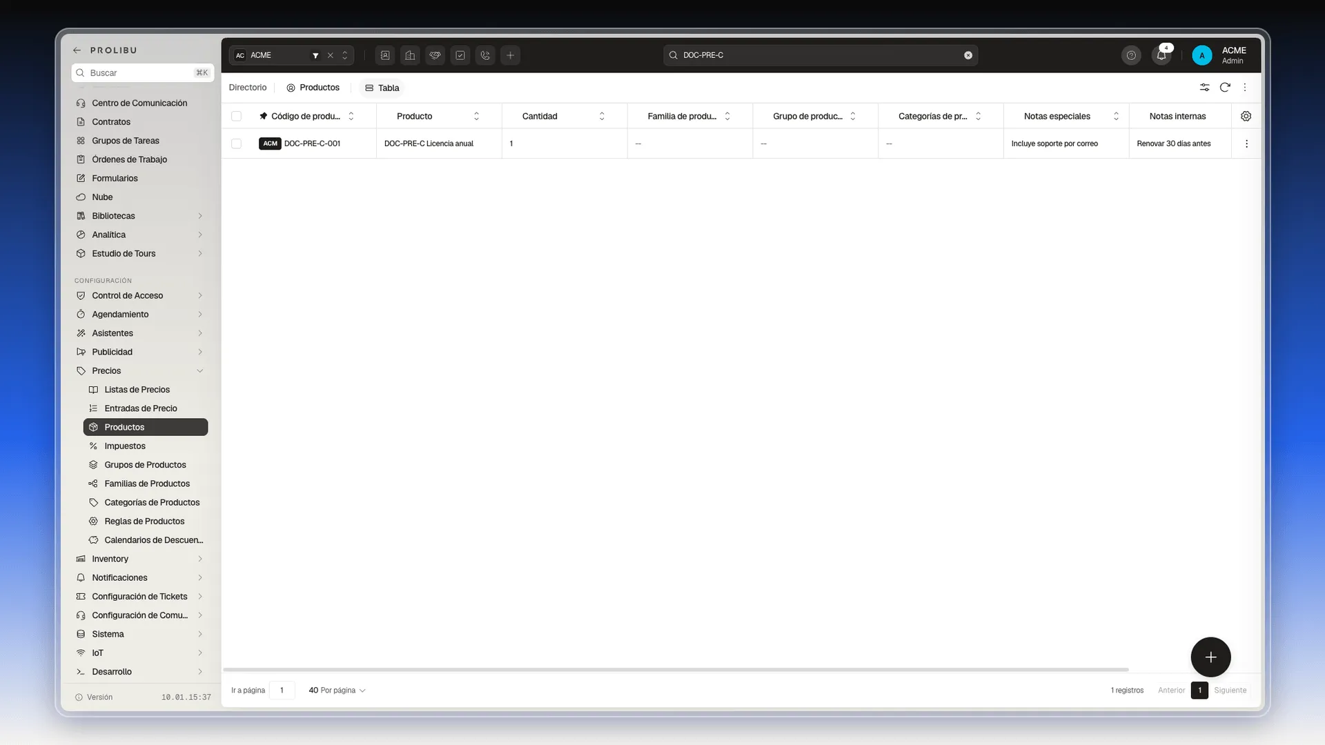 Menú lateral con Configuración → Precios desplegado y Productos activo, sobre la tabla del catálogo