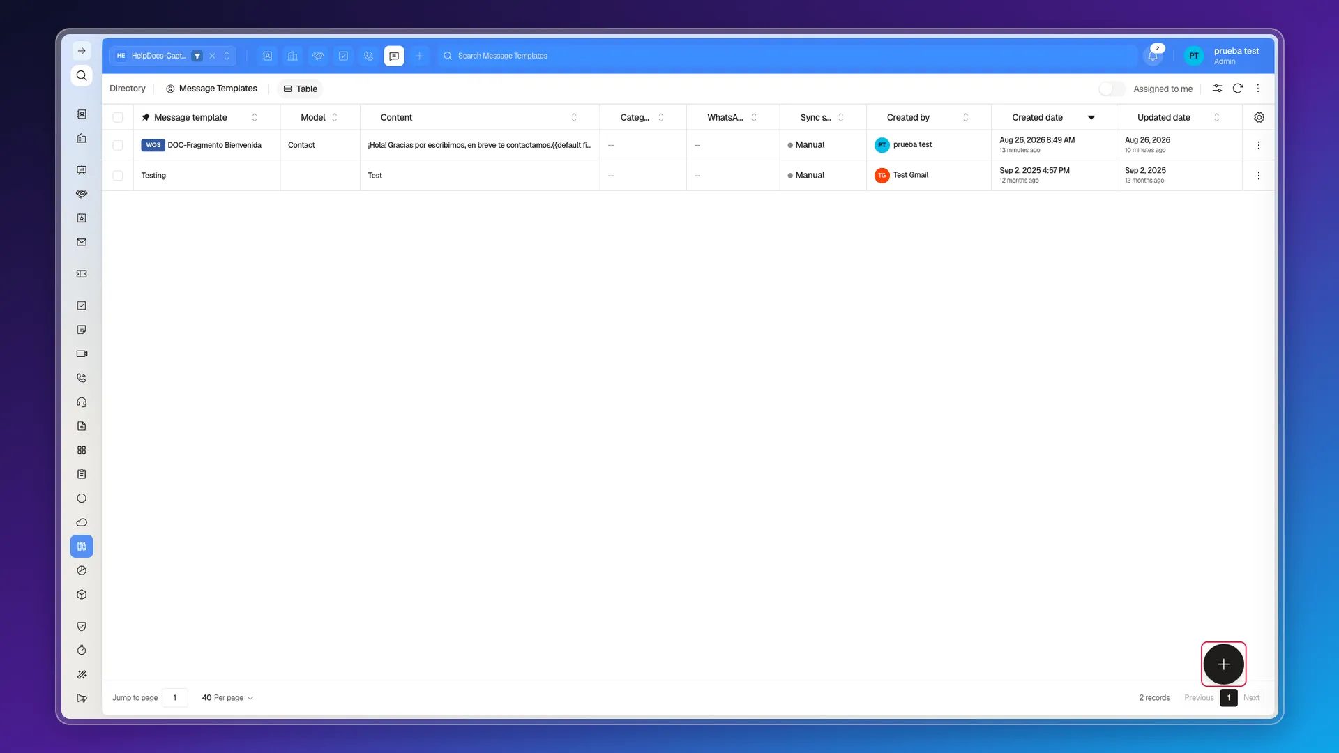 Message Templates module with the button to create a template highlighted