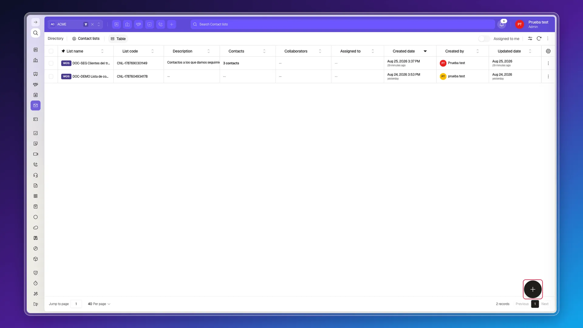 Contact lists module with the button to create a list highlighted