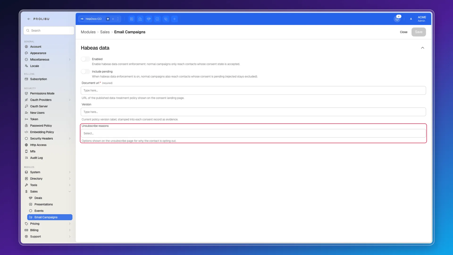 Email Campaigns preferences with the Unsubscribe reasons field highlighted