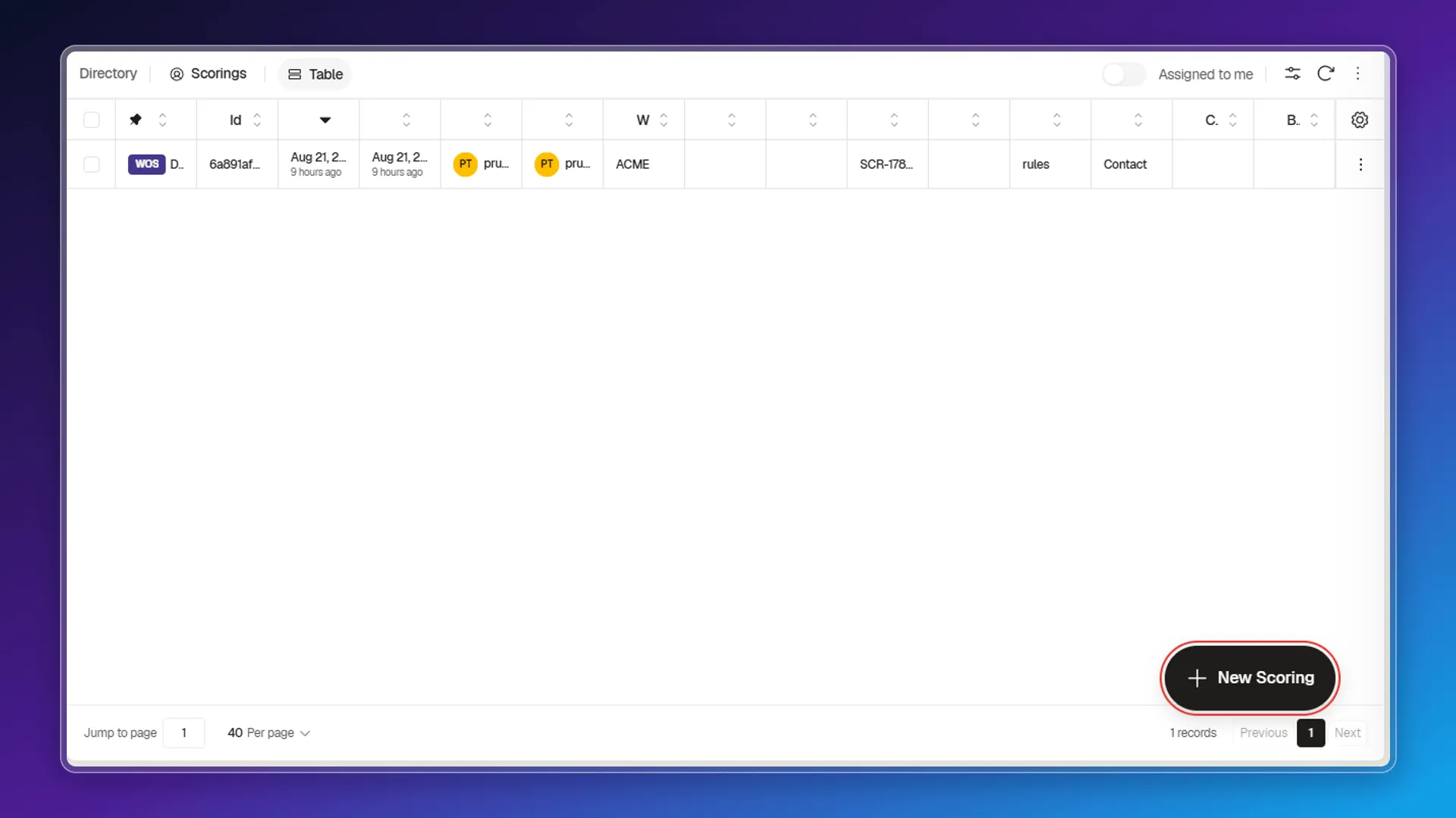 Scorings index with the New Scoring button expanded and highlighted in the bottom-right corner