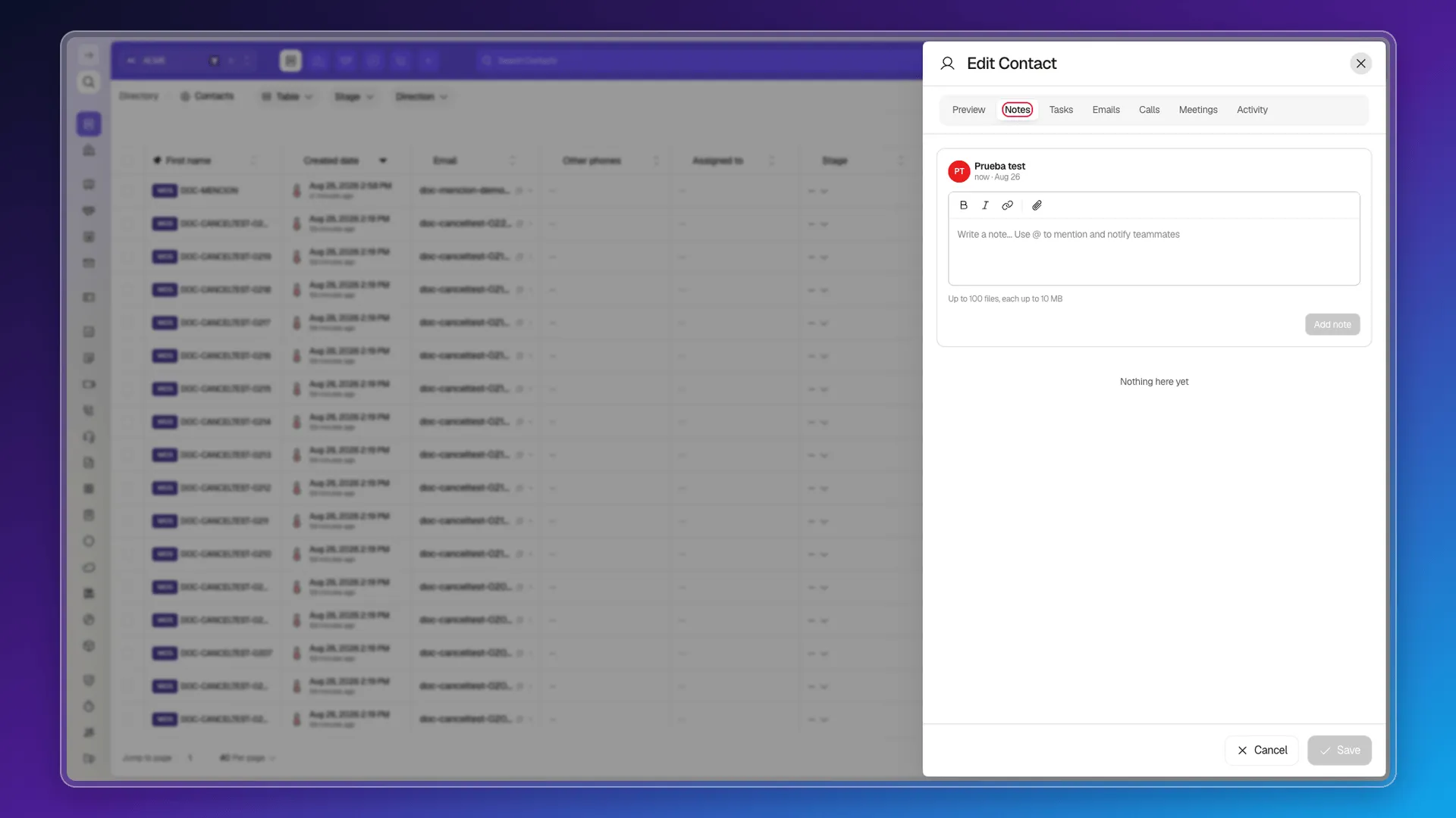 Notes tab highlighted on a contact's record, with the note editor below