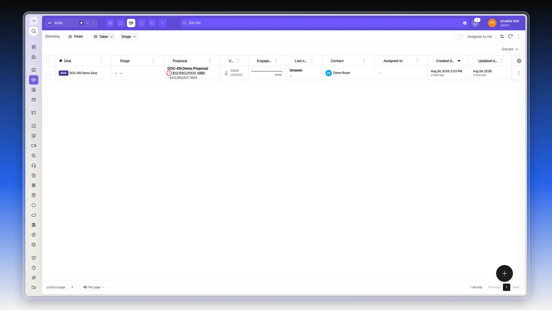 Proposal column of the Deals table with the Open builder button highlighted next to the total amount
