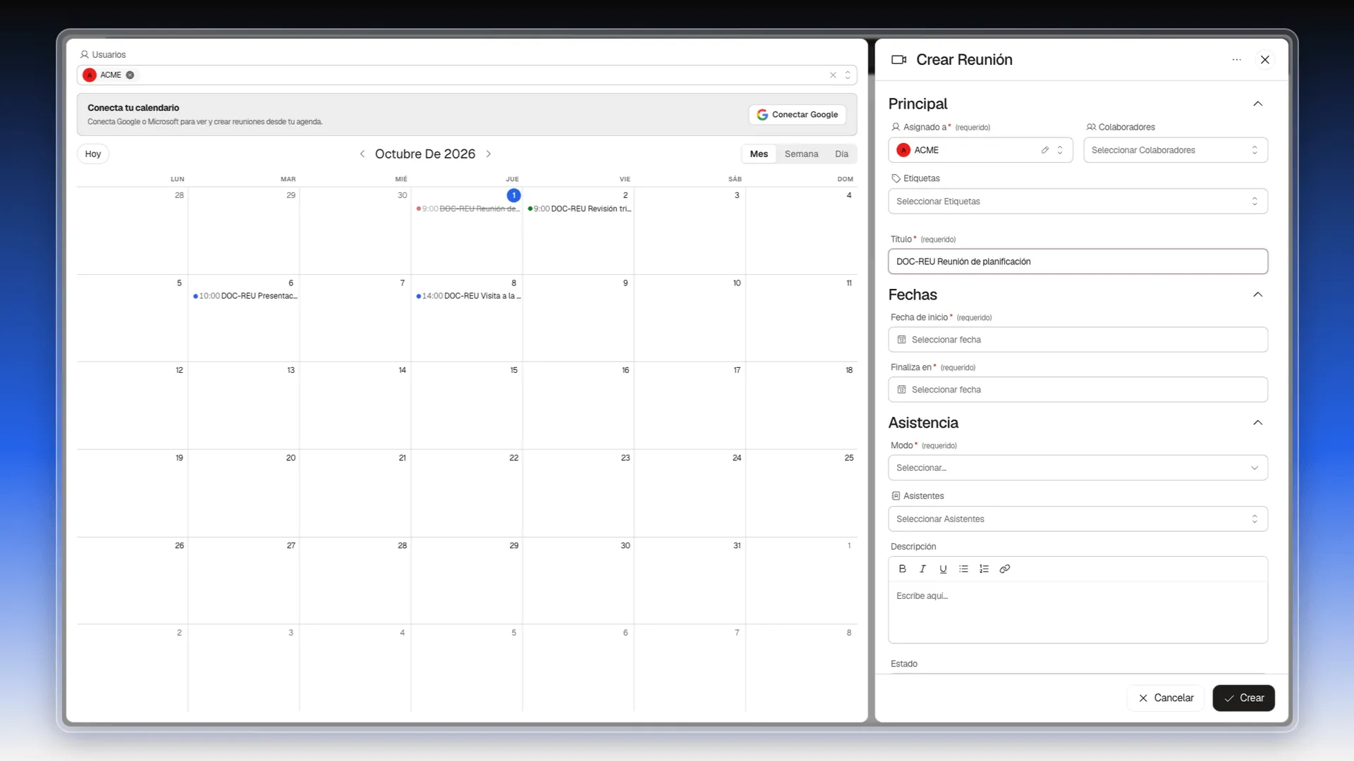 Panel Crear Reunión con el título escrito y el calendario del mes a la izquierda