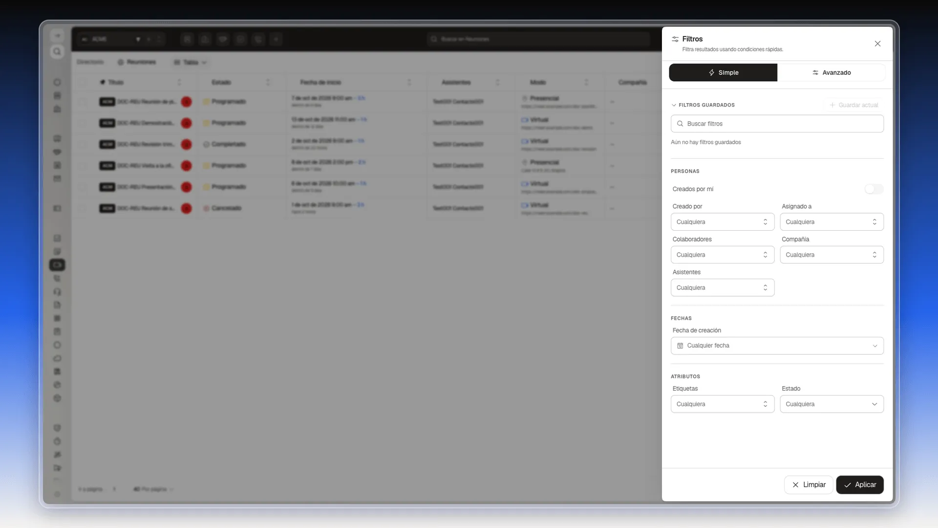 Panel Filtros con las secciones Personas, Fechas y Atributos