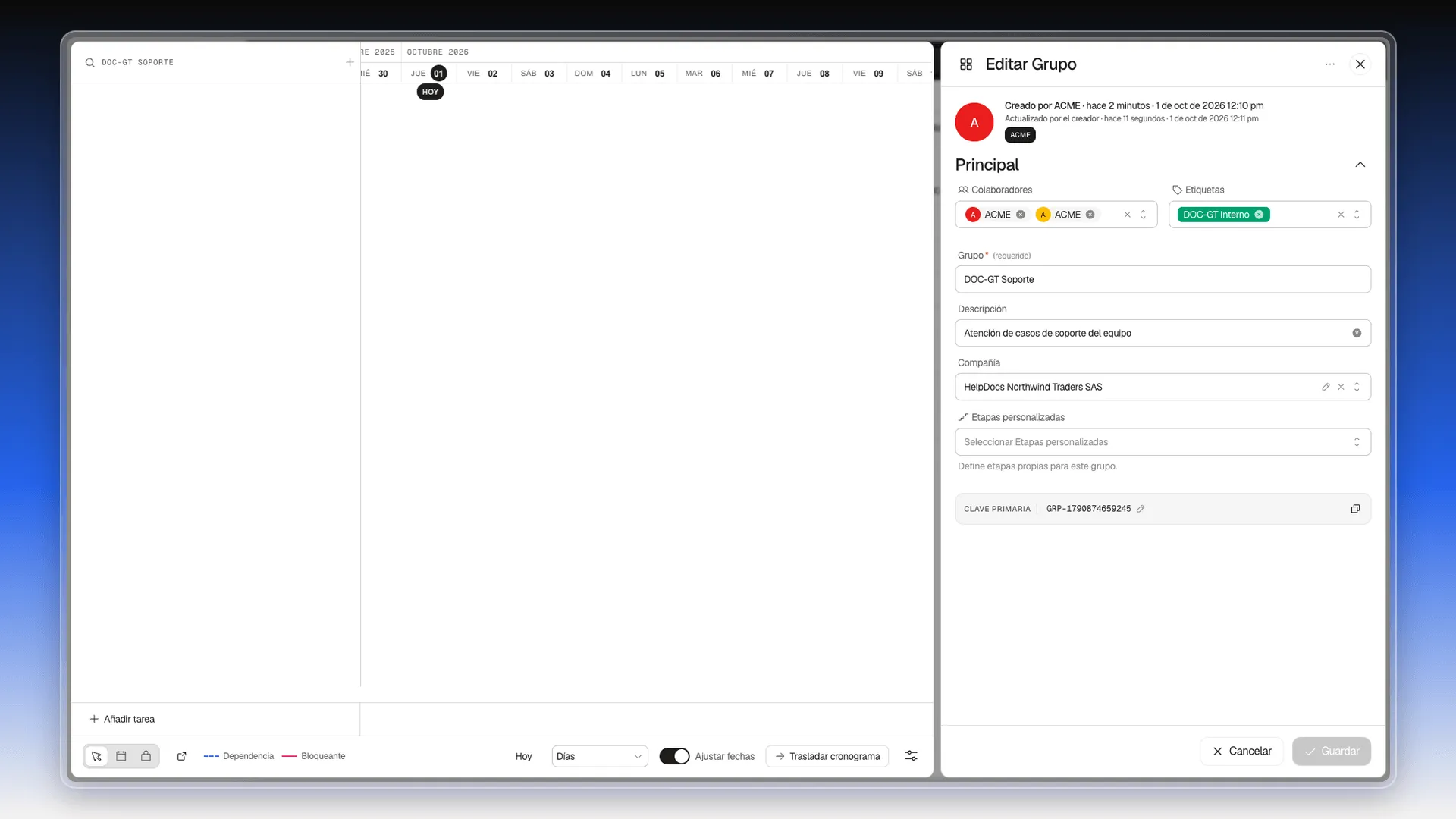 Panel Editar Grupo con el cronograma a la izquierda y los campos del grupo a la derecha