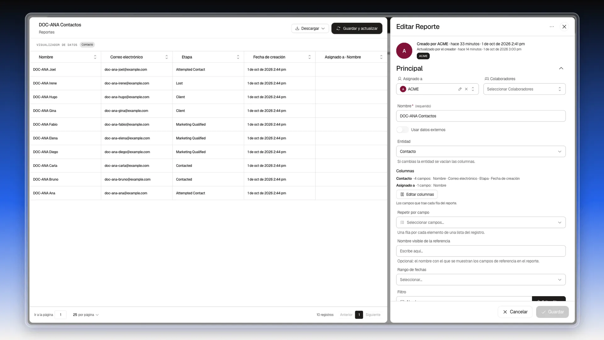Ficha del reporte DOC-ANA Contactos con el Visualizador de datos a la izquierda y el panel Editar Reporte a la derecha