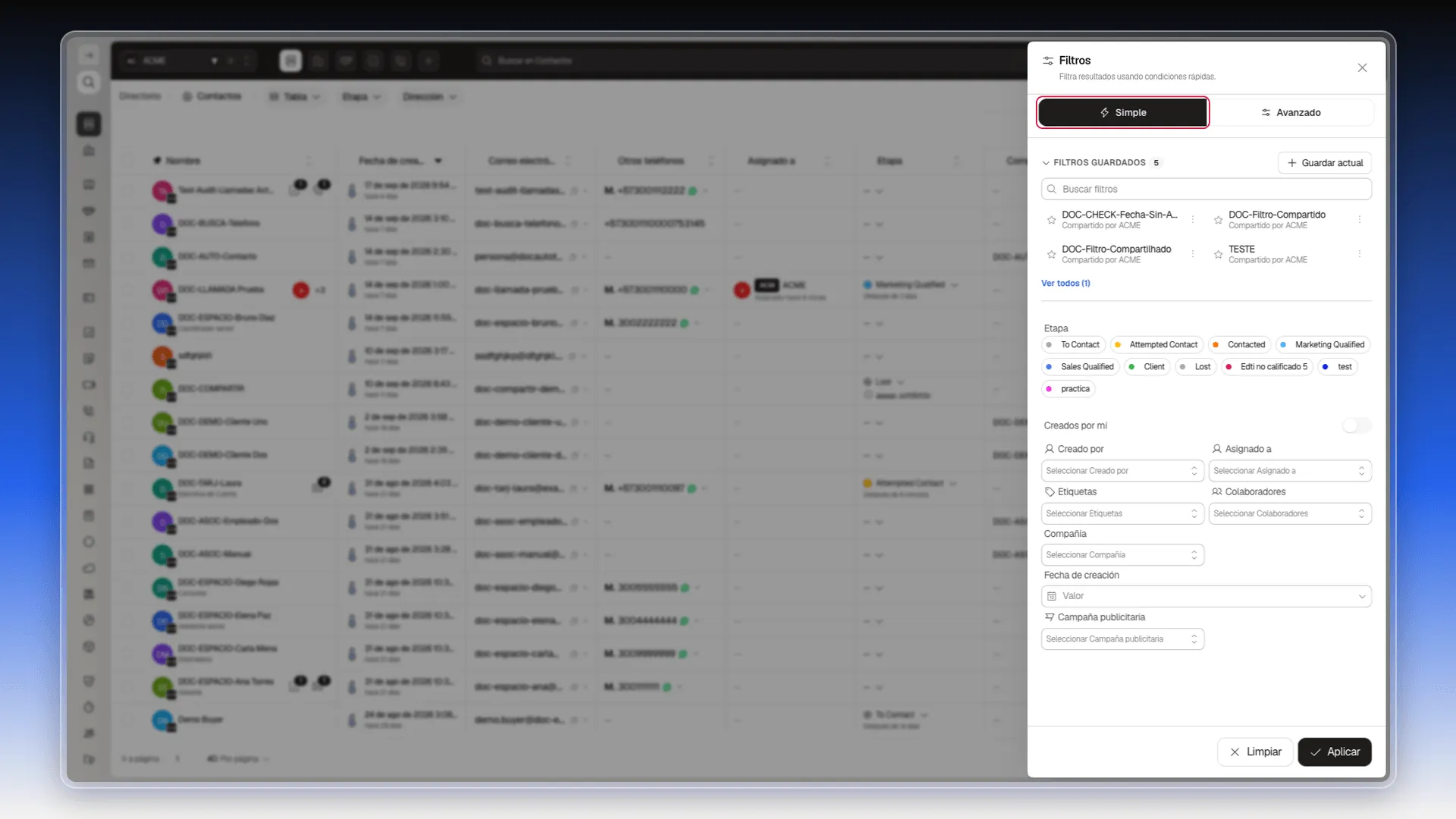 Panel de filtros simples para contactos
