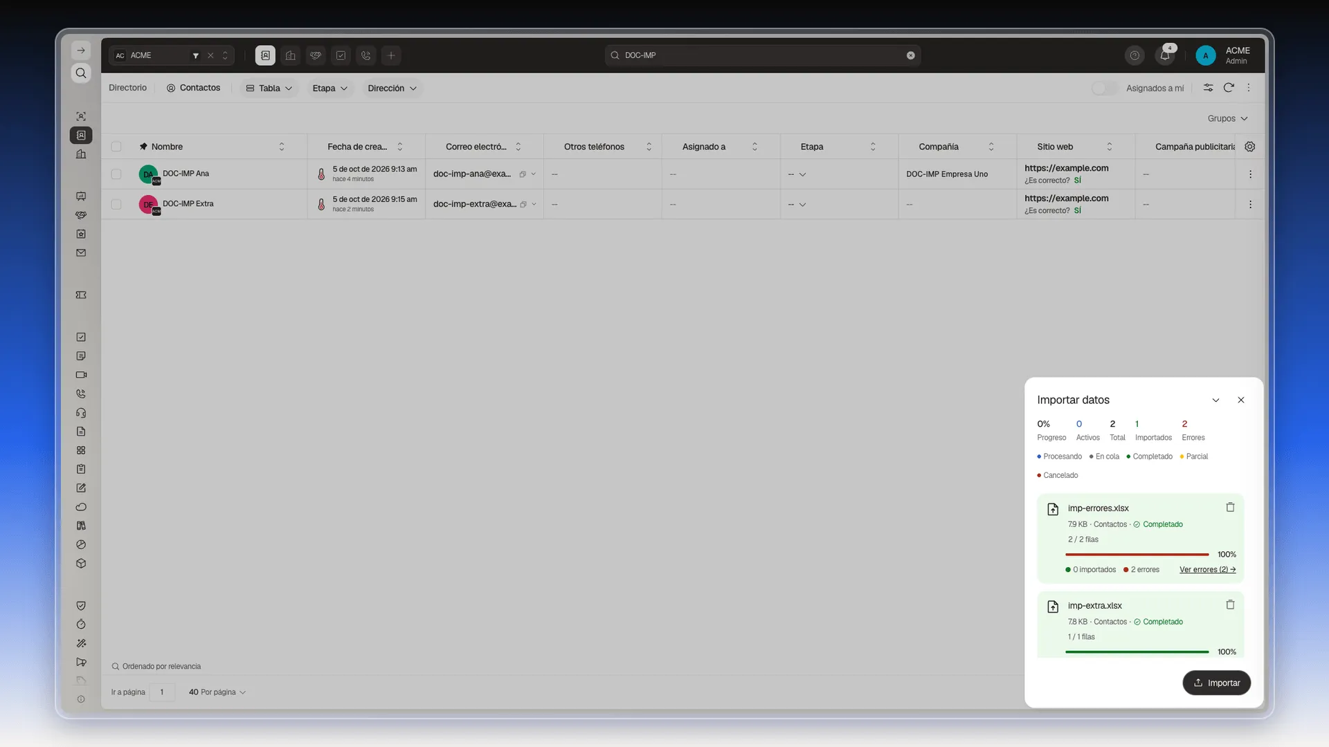 Panel Importar datos con dos cargas de Contactos: una con 2 errores y otra completada