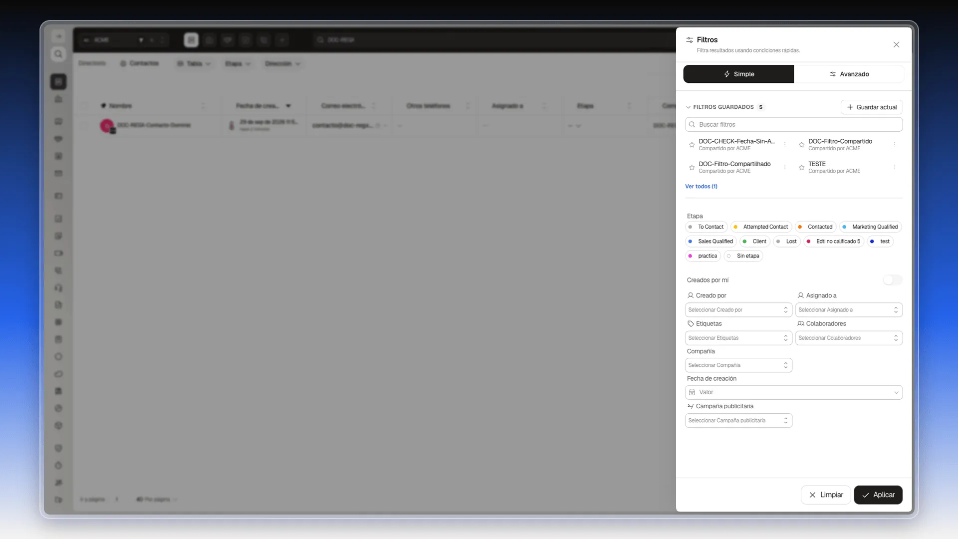 Panel de filtros simples de Contactos, con la fila de chips de Etapa arriba y el resto de condiciones debajo