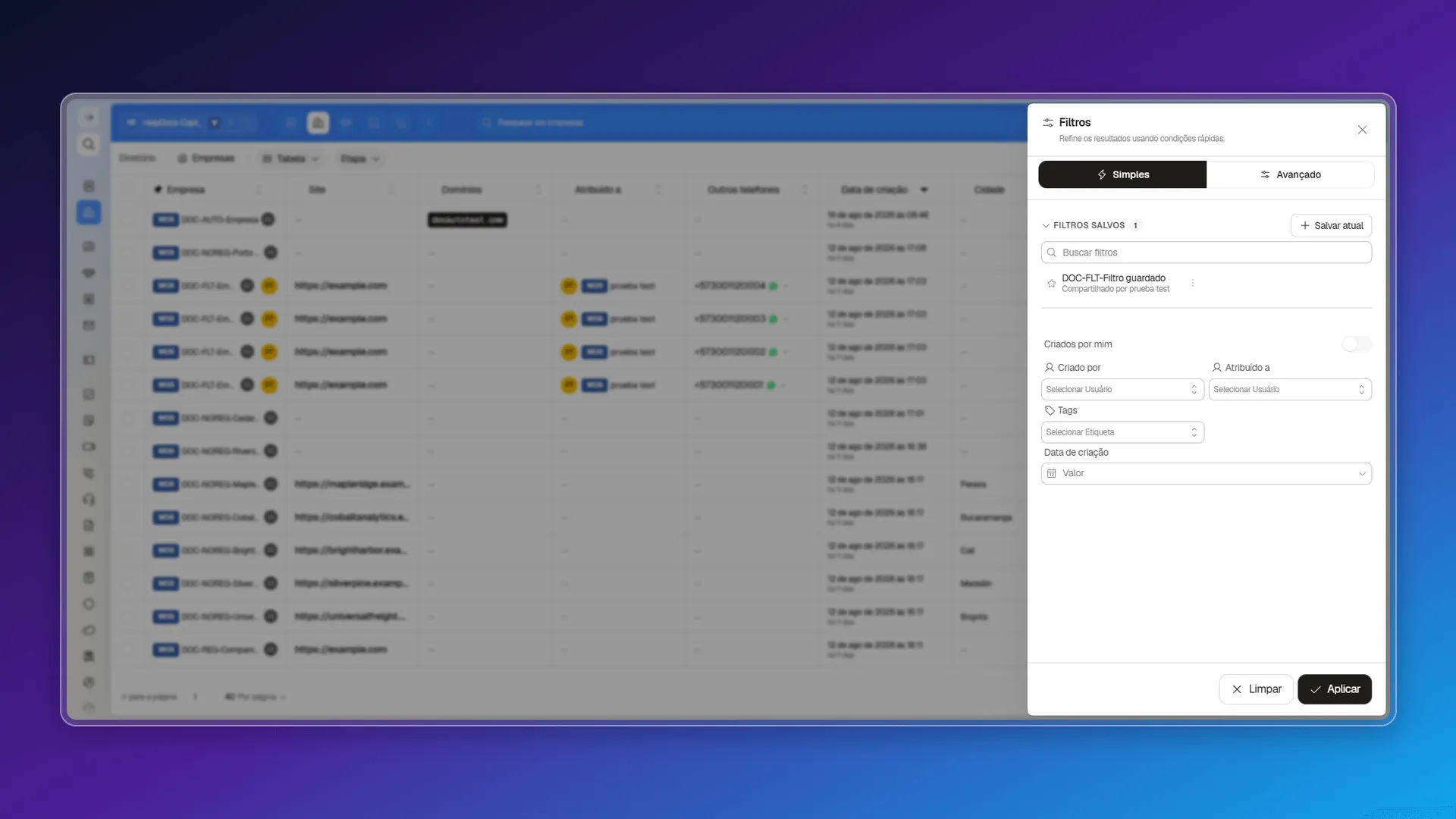Painel de filtros simples de Empresas