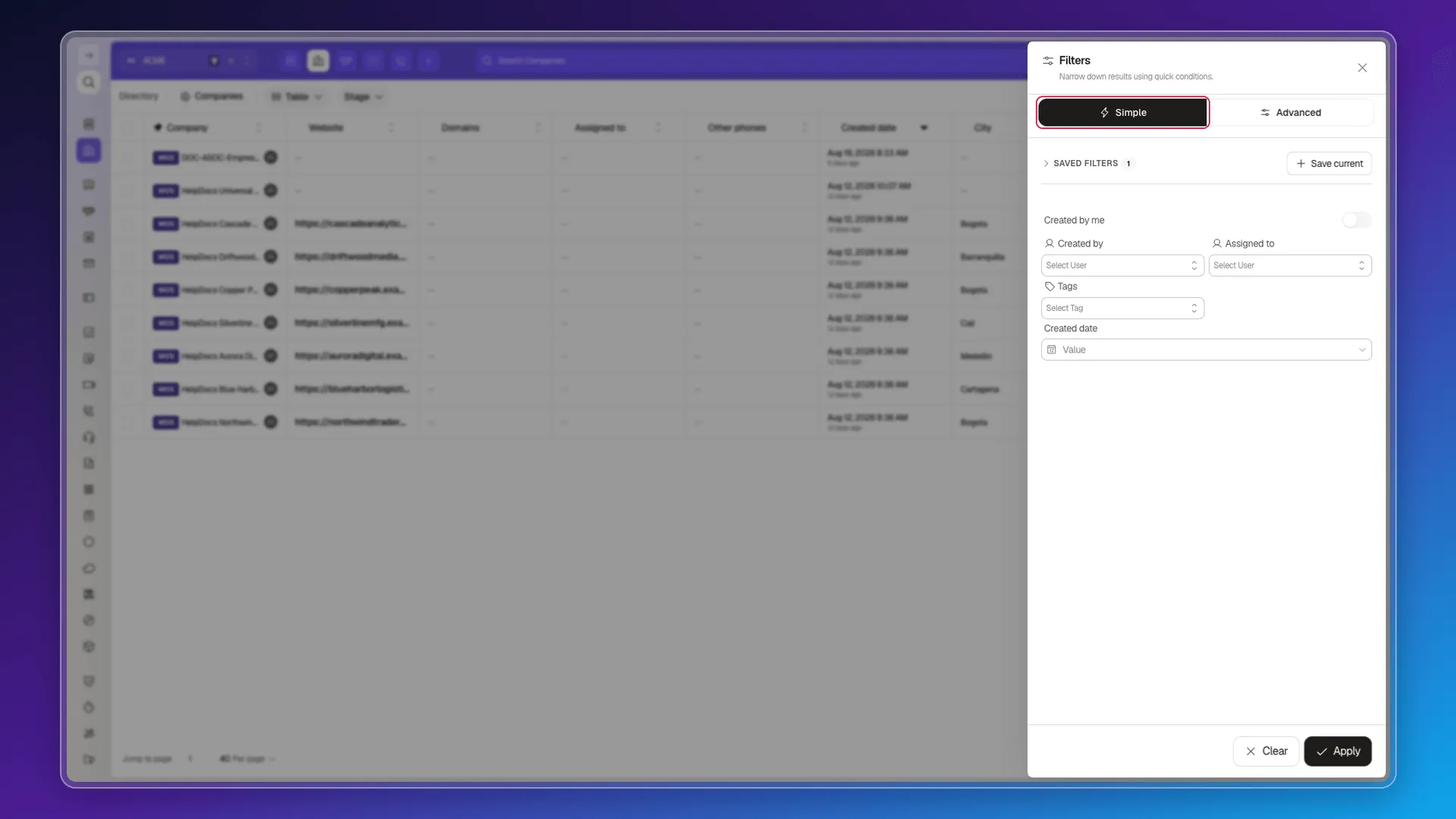 Simple filters panel for Companies