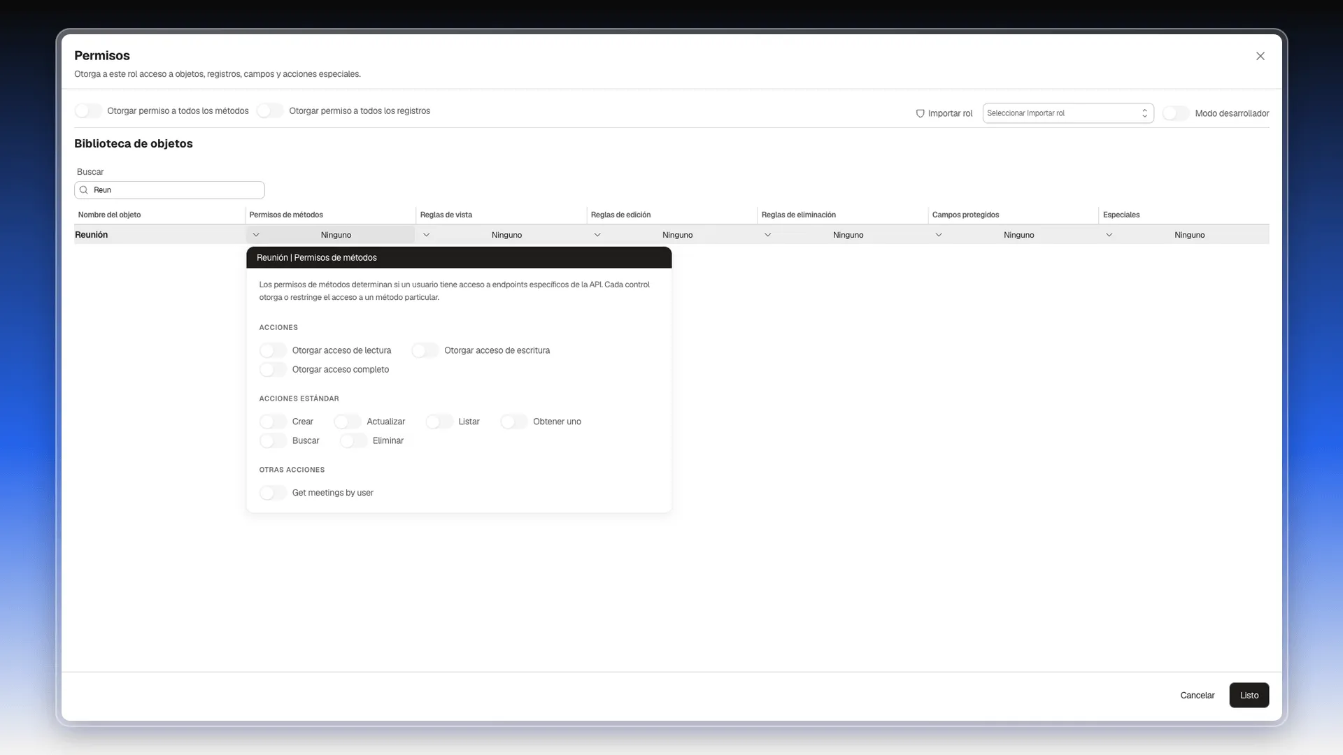 Panel Reunión | Permisos de métodos con los interruptores de acceso de lectura, escritura y completo, y las acciones estándar Crear, Actualizar, Listar, Obtener uno, Buscar y Eliminar