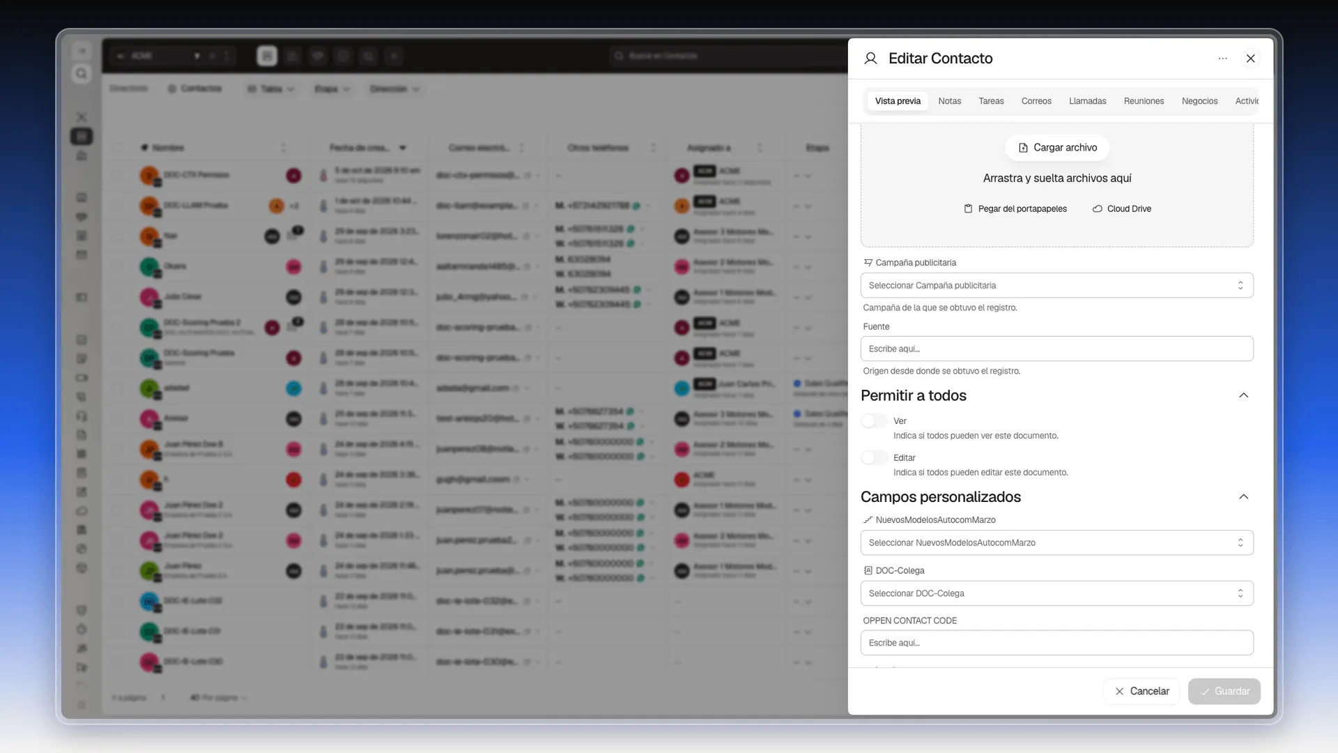 Panel Editar Contacto con la sección Permitir a todos desplegada y los interruptores Ver y Editar apagados