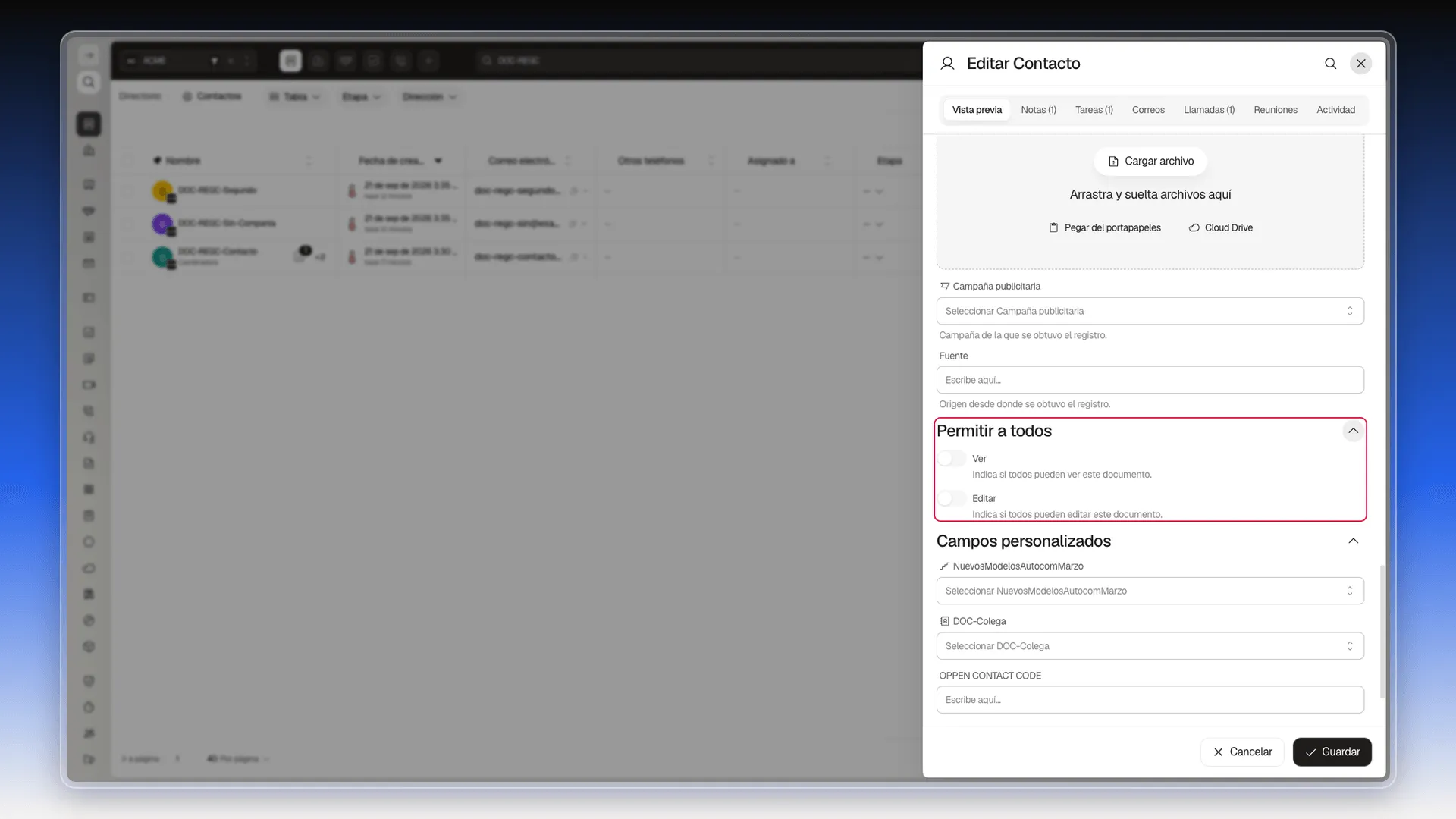 Sección Permitir a todos expandida, con los interruptores Ver y Editar