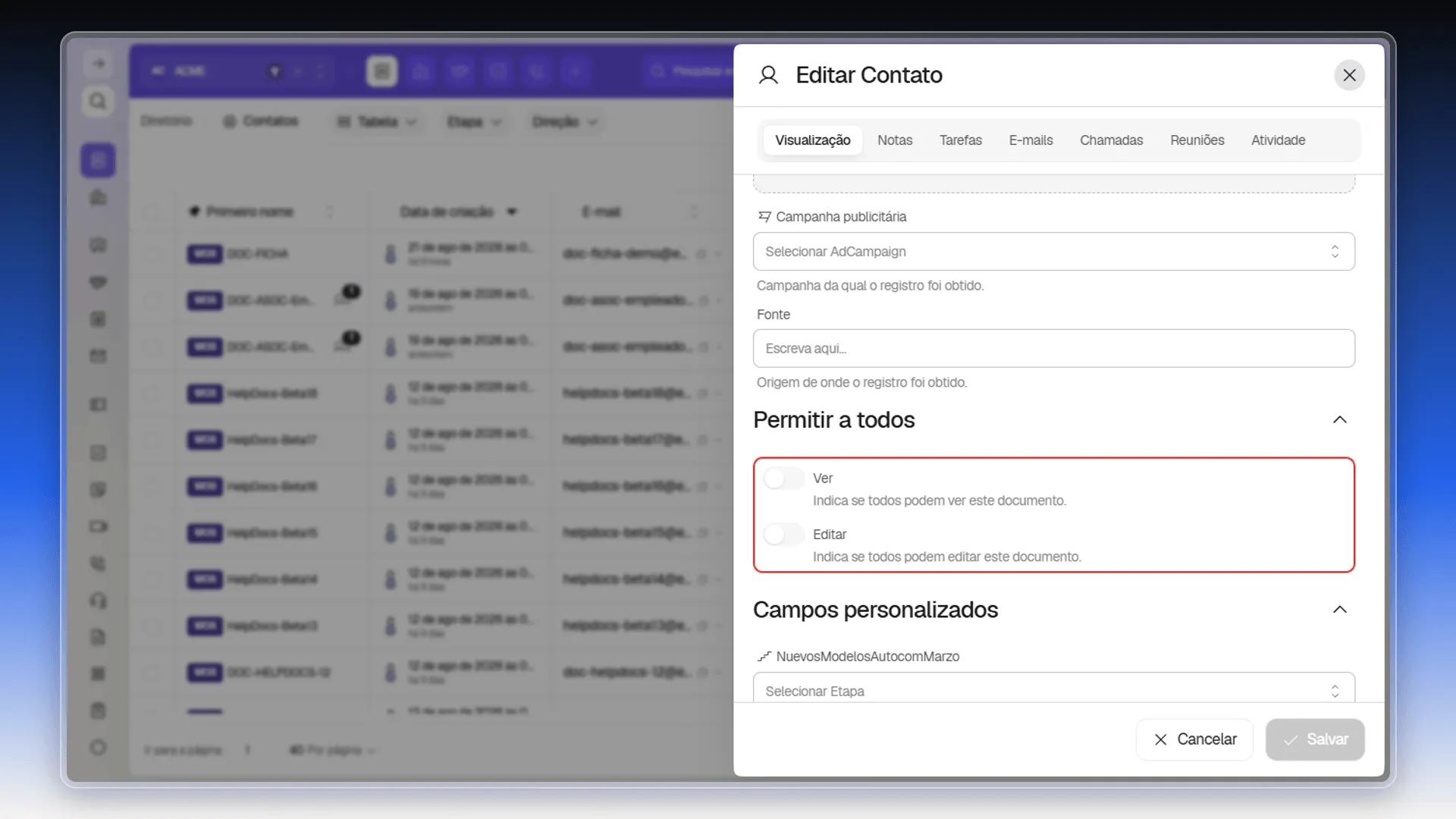 Seção Permitir a todos expandida, com os interruptores Ver e Editar