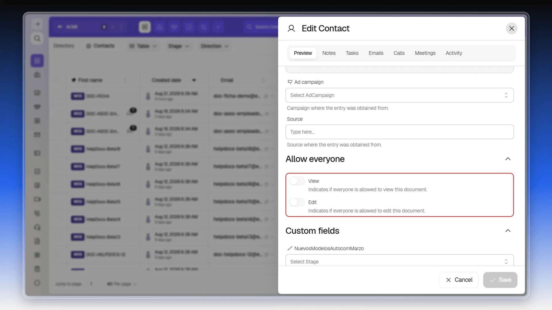 Expanded Allow everyone section, with the View and Edit switches
